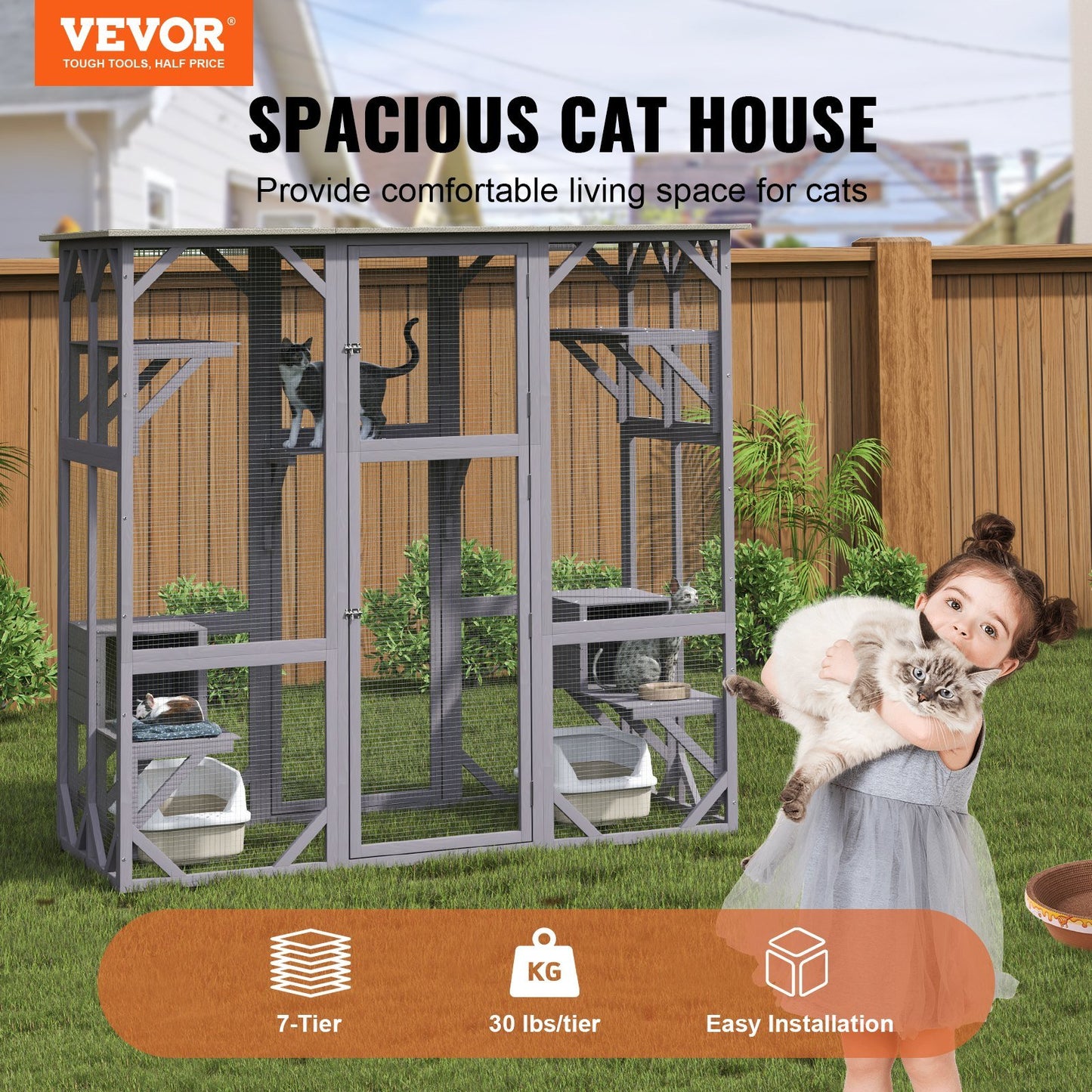 Cat House Outdoor, 7-Tier Large Catio, Cat Enclosure with 5 Platforms, 2 Resting Boxes & Large Front Door, 71.2 x 34.6 x 66.5 inch