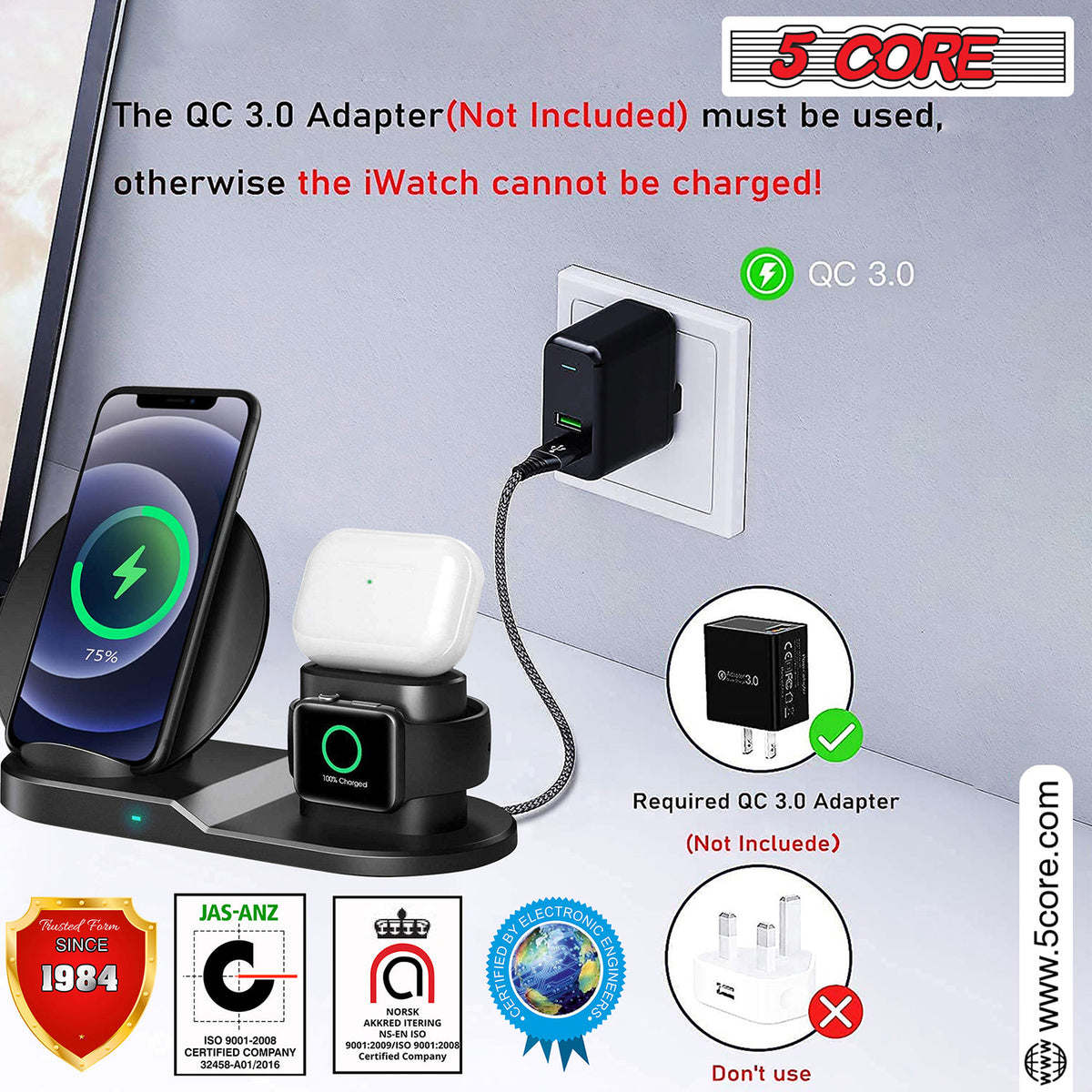 Wireless Charger 3 in 1 10W / 15W Qi Fast Charging Pad Dock Station Travel Chargers for Multiple Devices for iPhones, Android, Galaxy S- Series, Watch, Earbuds - 5 Core WCR 3