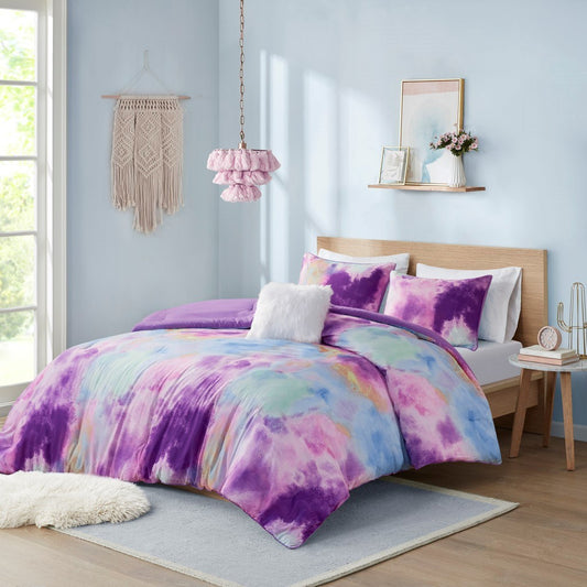 Comforter Set Watercolor Tie Dye Printed Comforter Set with Throw Pillow