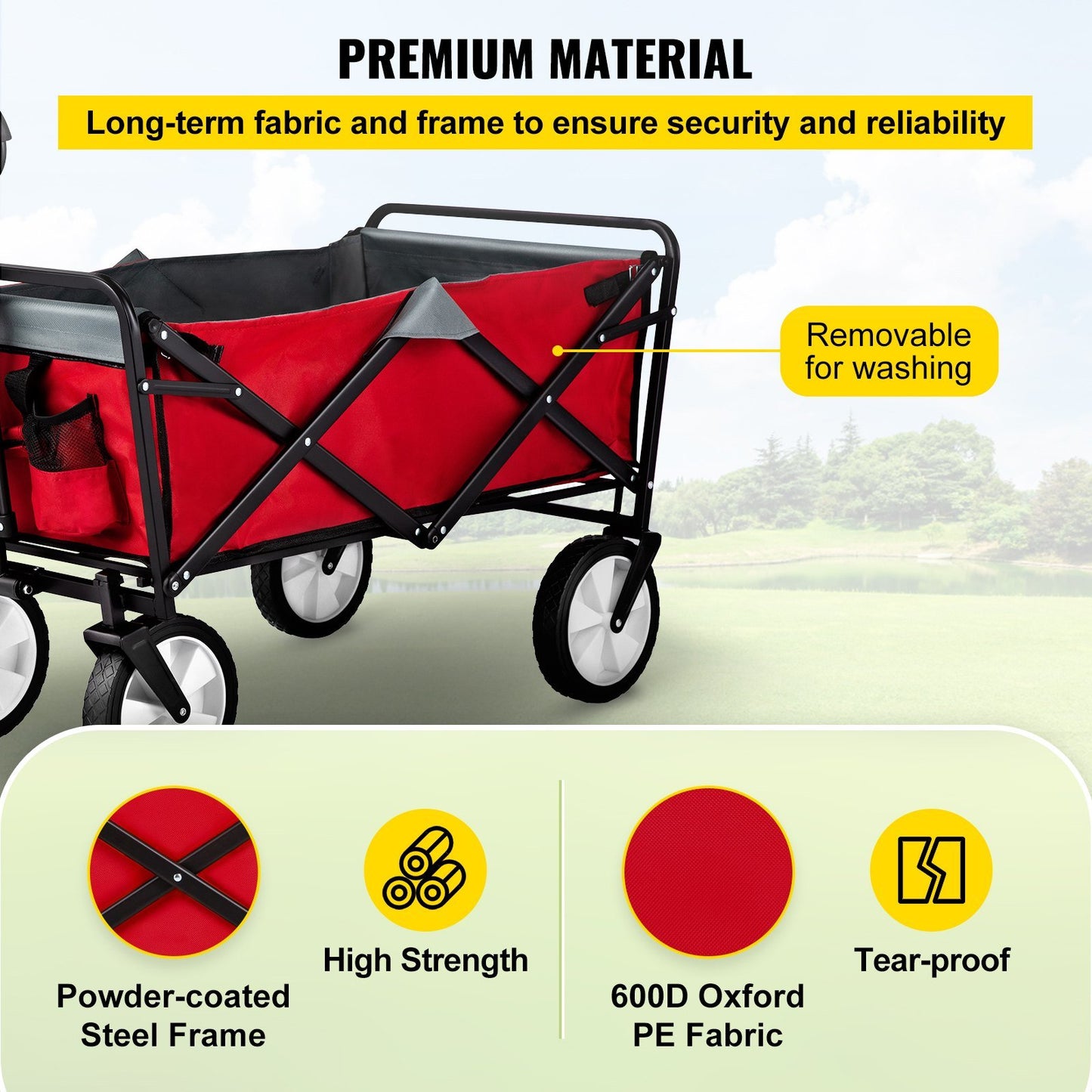 Wagon Cart, Collapsible Folding Cart with 176lbs Load, Outdoor Utility Garden Cart, Adjustable Handle, Portable Foldable Wagons with Wheels for Beach, Camping, Grocery, Red/Gray