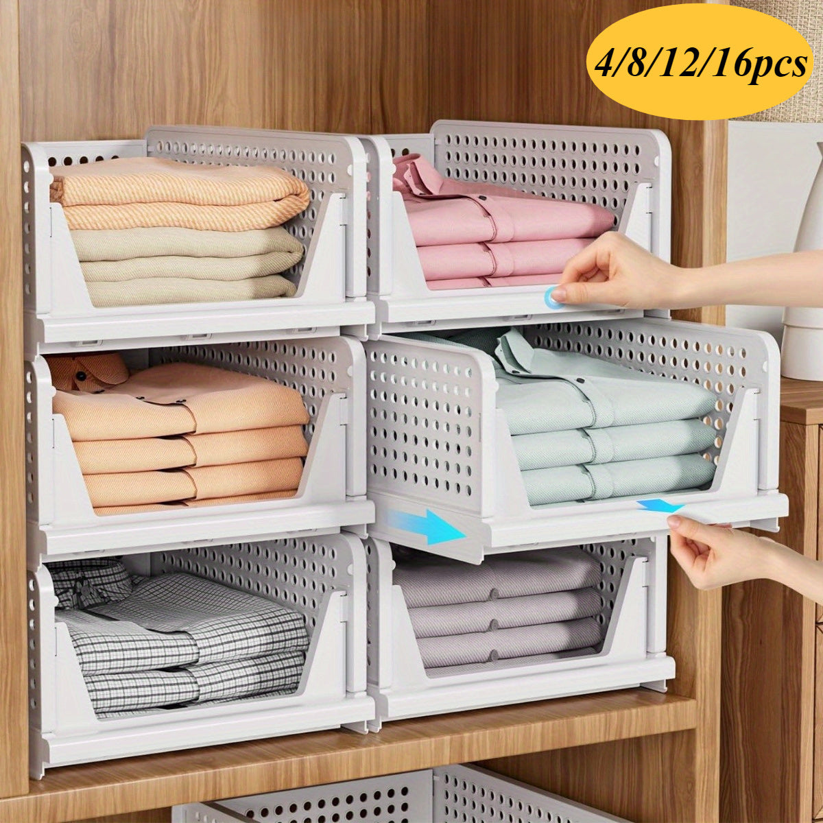 4/8/12/16 Pack Stackable Closet Storage Basket, Multifunctional & Foldable Closet Organizer for Bathroom Kitchen Laundry Room Wardrobe Storage, Space-Saving Clothes Storage Drawer Organizer, White