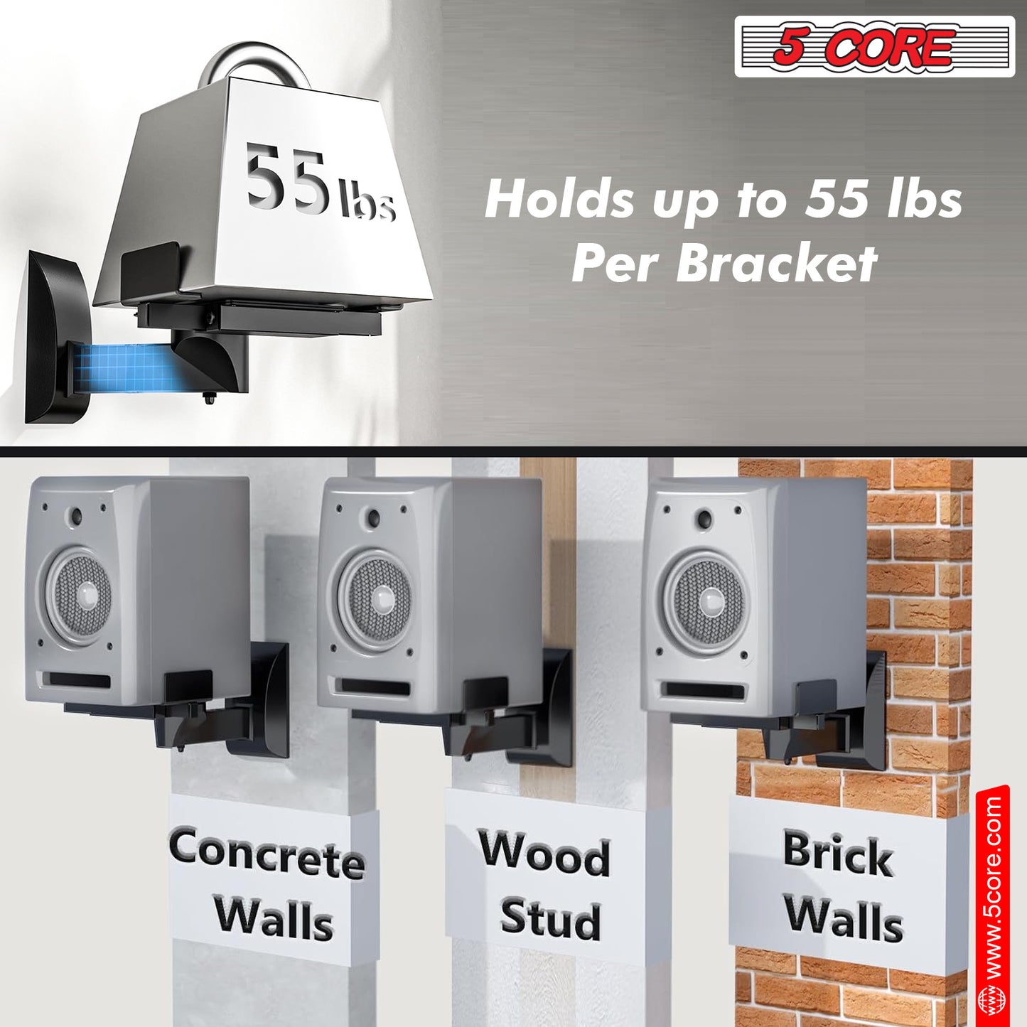 5 Core Speaker Wall Mount Adjustable Shelf Holder Swivel 180 Degree Bookshelf Brackets - 11 Inch Space for Speakers Pair Holds Upto - 55lbs WST 04-11 PAIR