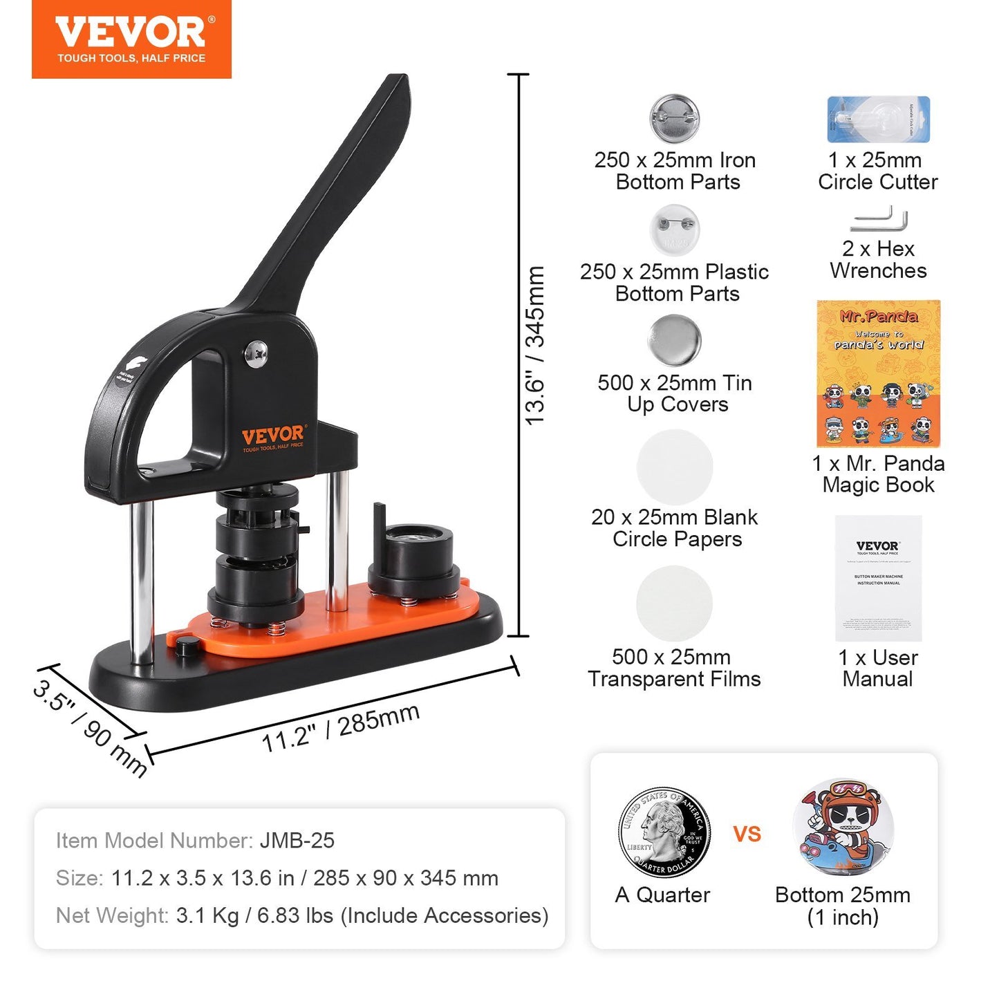 Button Maker Machine, 0.98 inch/25mm Pin Maker with 500pcs Button Parts, Button Maker with Panda Magic Book, Ergonomic Arc Handle Punch Press Kit, For Children DIY Gifts and Christmas