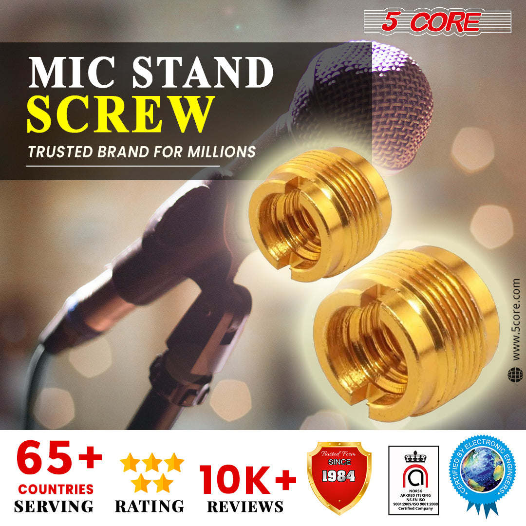 5 Core Mic Stand Adapter Pair 5/8 Male to 3/8 Female Screw Thread Conversion Connector for Microphone Stands Boom Arms Camera Tripod - MS ADP M GLD 2PCS