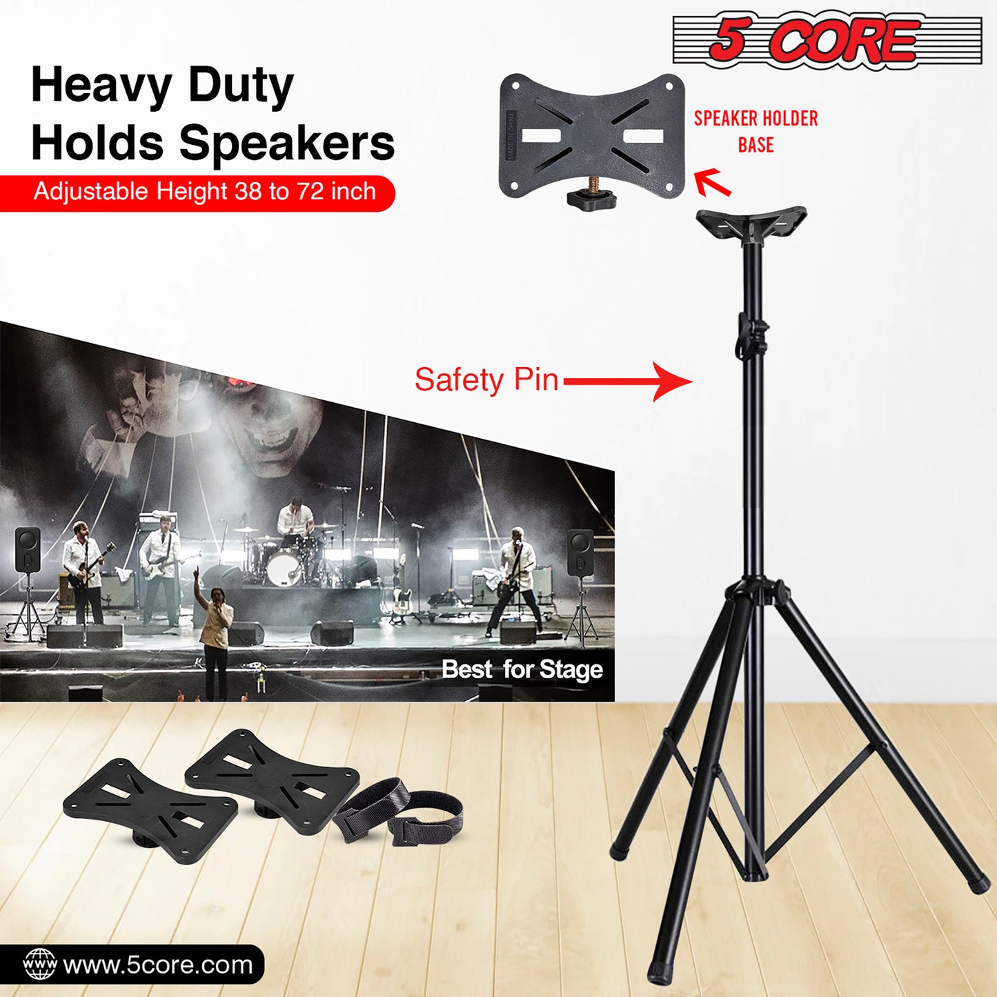 5 Core Speaker Stand Tripod Floor Tall Pair Adjustable Up to 72 Inch DJ Studio Monitor Stands Pole Mount  - SS ECO 2PK WoB