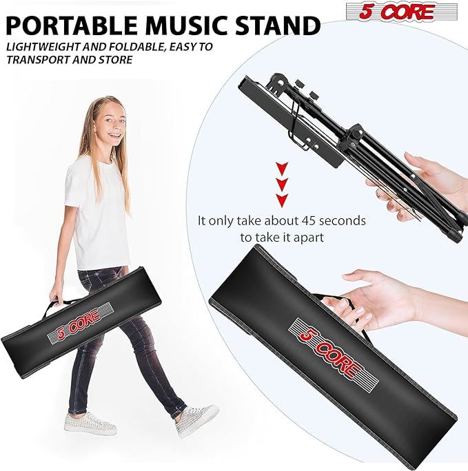 5 Core Music Stand 2 in 1 Dual Use Sheet Music Professional Portable Adjustable 27.6-67 Inch Folding Music Note Holder Tripod Stands - MUS FLD 4S BLK WLGT