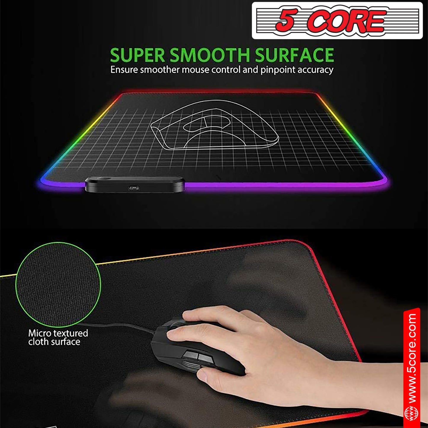 5 CORE Large RGB Gaming Mouse Pad Extended Soft Gaming LED Mouse Pad 31.5x11.8 5 Inch with 12 Lighting Modes Stitched Edges and Non-Slip Rubber Base Oversized Glowing KBP 800 RGB