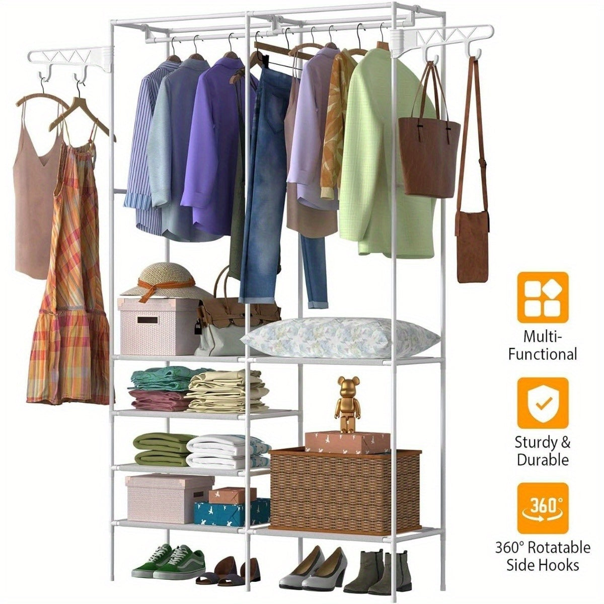 Clothing Racks for Hanging Clothes with Shelves, Portable Closet System Organizer Garment Rack for Clothes Storage, Meta