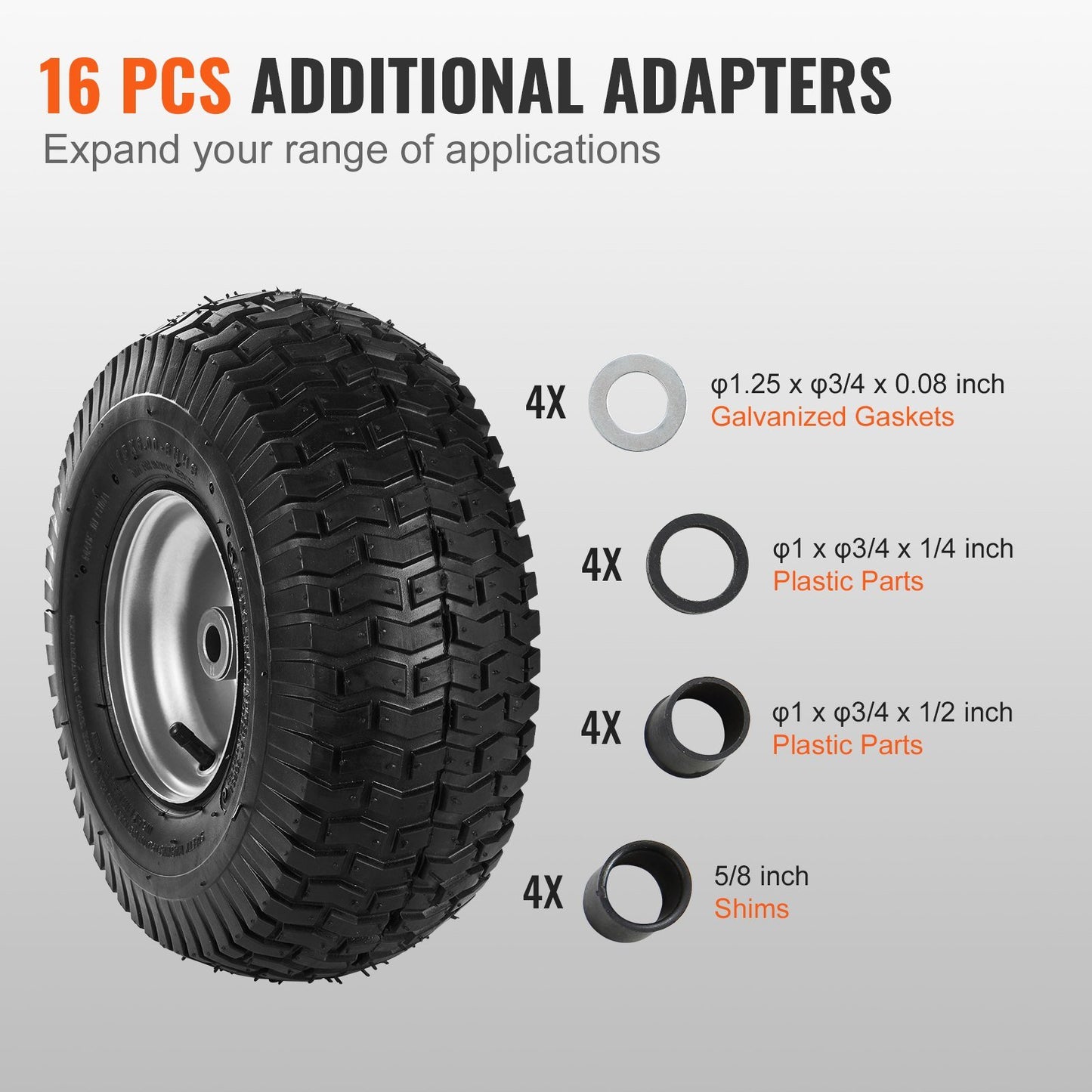 Lawn Mower Tires, 15x6-6" Lawn Tractor Tires, 2-Pack Tire and Wheel Assemblies, Turf Pneumatic Tires with 3" Centered Hub and 3/4" Bushing Size, 16 PCS Adapters for Riding Mowers Lawn Tractors