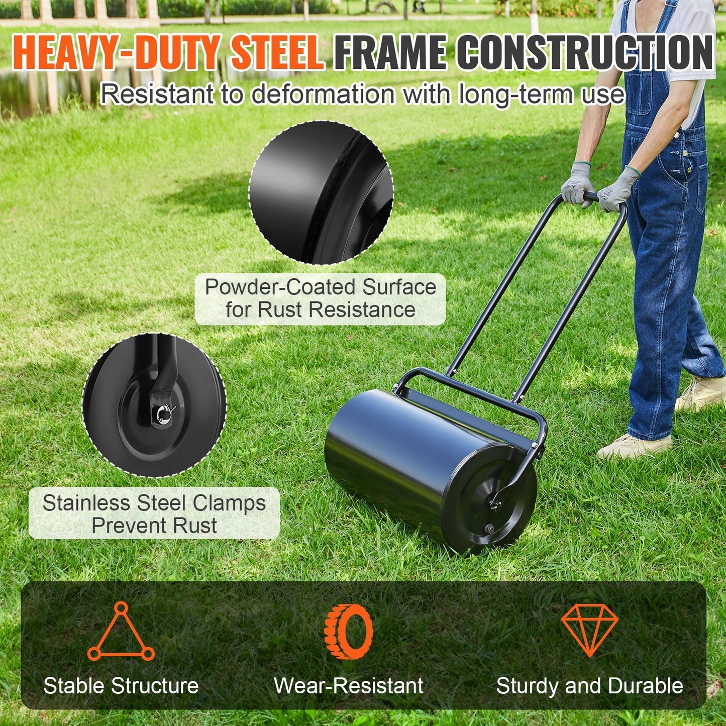 Lawn Roller, 13 Gallon Sand/Water Filled Yard Roller, Steel Sod Roller with Easy-turn Plug and U-Shaped Ergonomic Handle for Convenient Push and Pull, for Lawn, Garden, Farm, Park, Black