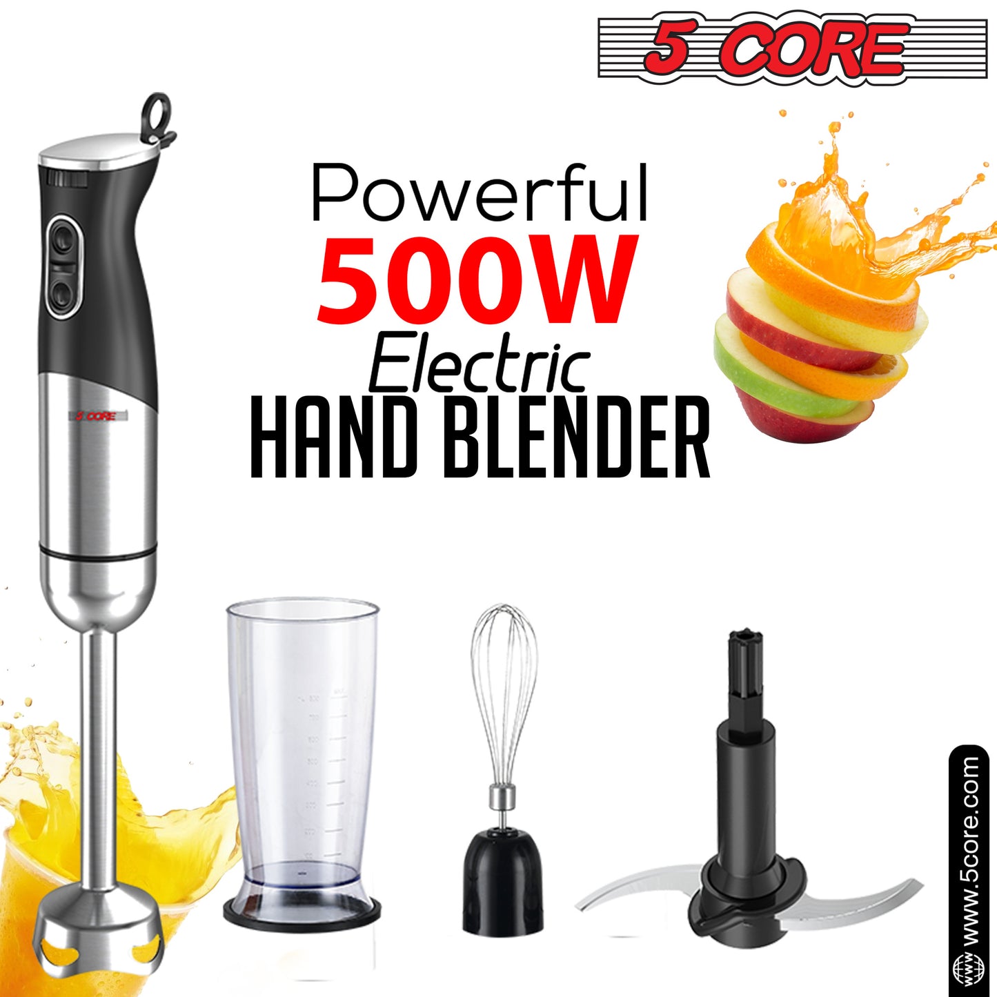 5 Core Handheld Blender 3 IN 1, Electric Hand Held Blenders 500W| Immersion 800ml Beaker & Whisk| 9 Speed Heavy Duty Stick, Stainless Steel Blades for Smoothies Puree Baby Food and Soups- HB1516 New