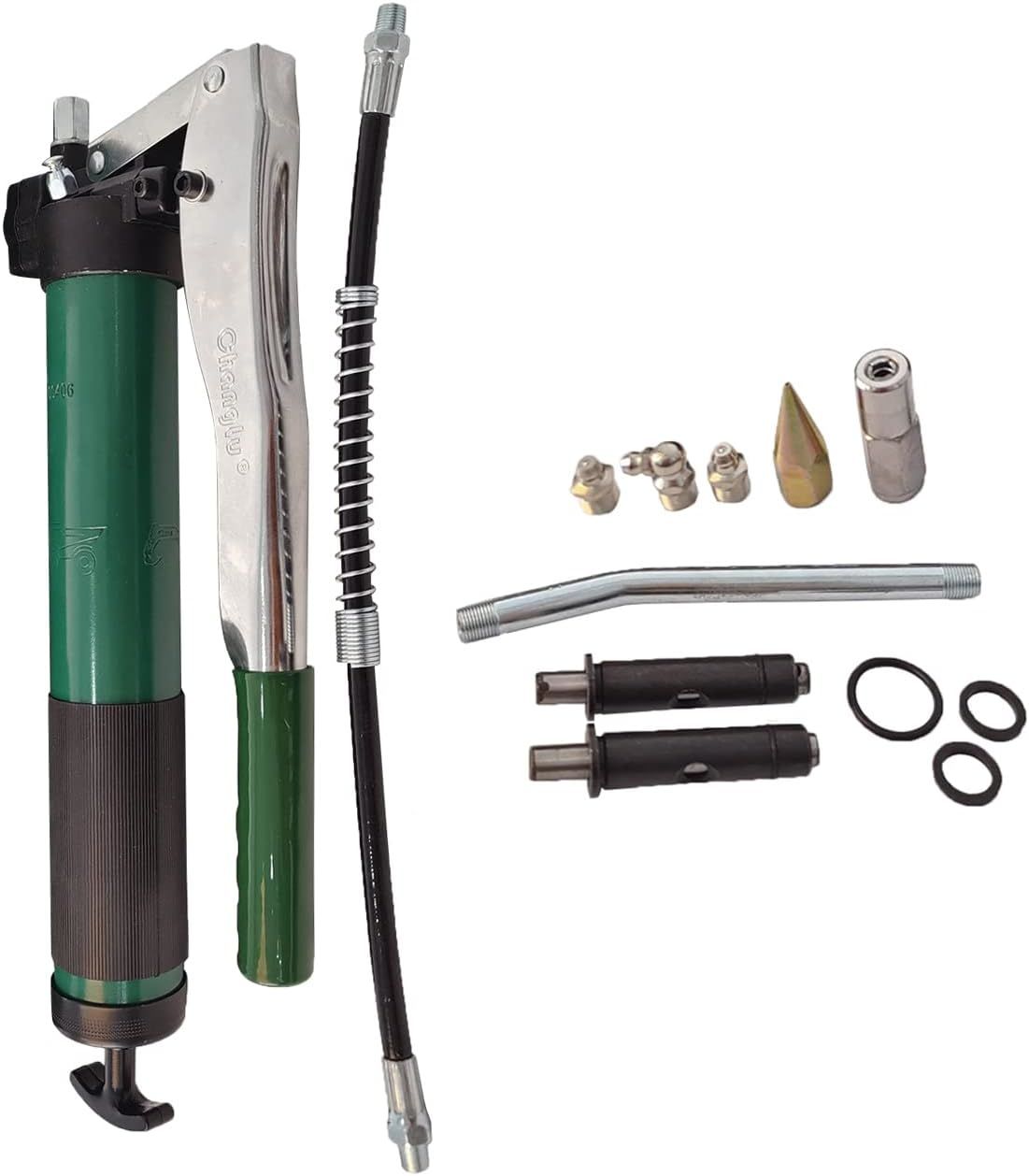 Lever Handle High Pressure System Grease Gun, Grease Gun Includes 12" Reinforced Flex Hose & 7" Rigid Extension, Heavy Duty 600CC 10000 PSI Resistant zinc alloy(Locks on, Stays on, Won't Leak)