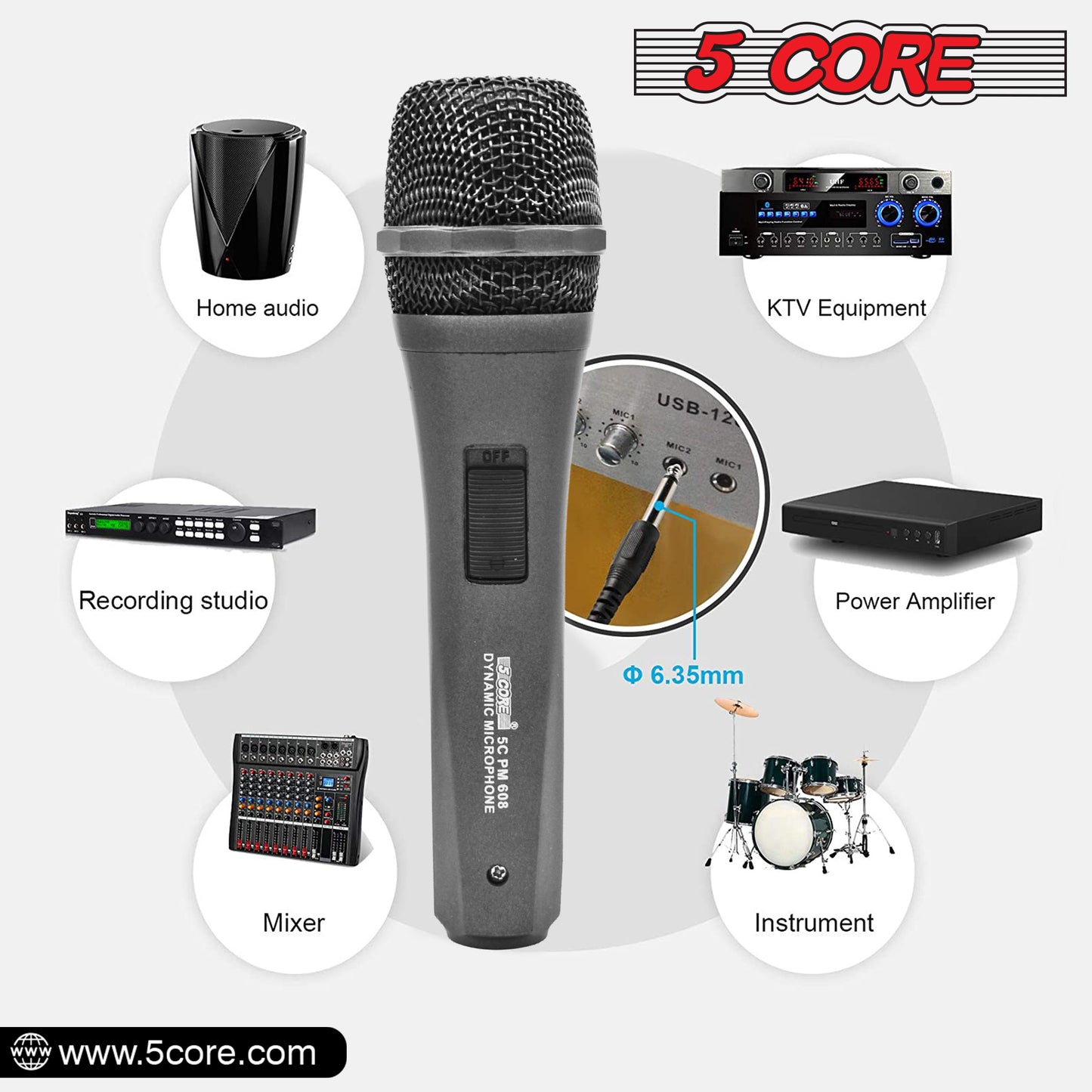 5 Core Microphone XLR Dynamic Mic Karaoke Singing Handheld Microfono Wired Professional Unidirectional 1/4 Plug In Cord Connection for Vocal DJ Music - PM 608