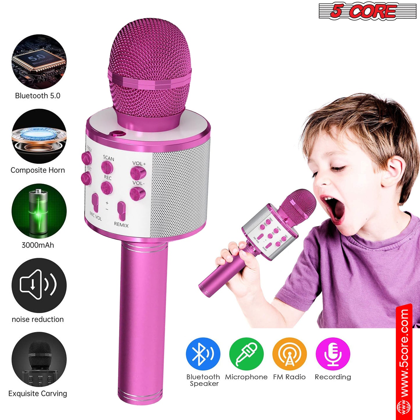 5 Core Karaoke Microphone Bluetooth Mic Portable Handheld Wireless Singing Machine Cordless Microfonos Inalambricos Professional for Adults Kids Toddler - WM SPK PINK