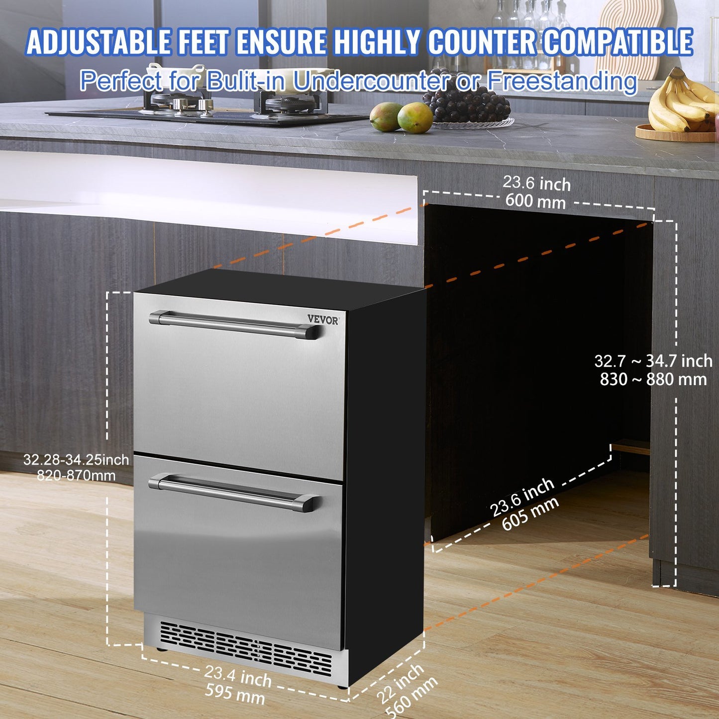 24" Undercounter Refrigerator, 2 Drawer Built-in Beverage Refrigerator with Touch Panel, 5.12 Cu.ft. Capacity, Waterproof Indoor and Outdoor Under Counter Fridge for Home and Commercial Use