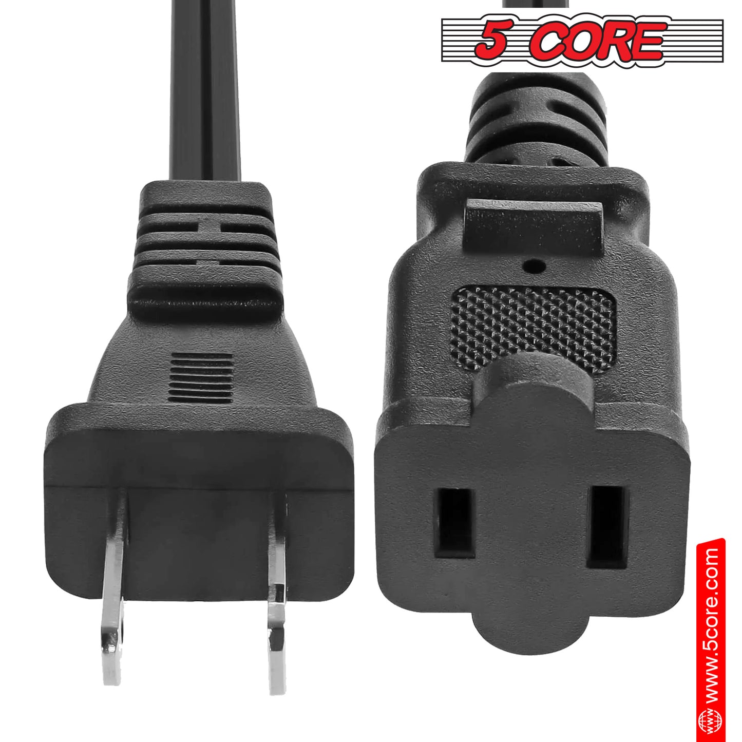 5 Core AC Power Cord 12 Ft • 2 Prong Extension Adapter • 16AWG/2C 125V 13A • US Polarized Male to Female Outlet Extension Cable Black- EXC BLK 12FT