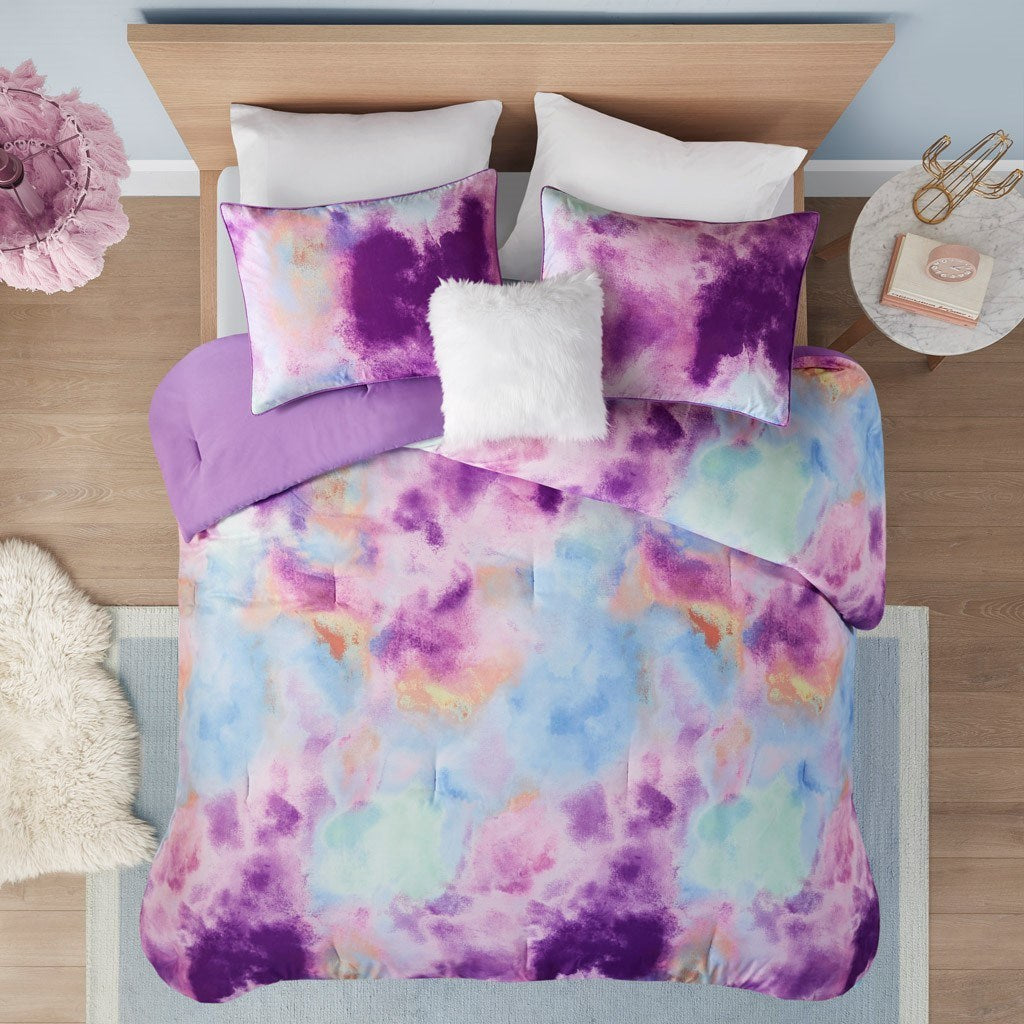 Comforter Set Watercolor Tie Dye Printed Comforter Set with Throw Pillow