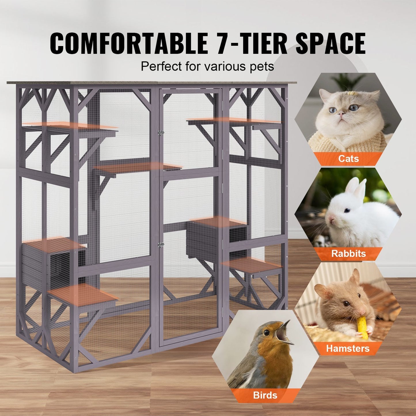 Cat House Outdoor, 7-Tier Large Catio, Cat Enclosure with 5 Platforms, 2 Resting Boxes & Large Front Door, 71.2 x 34.6 x 66.5 inch