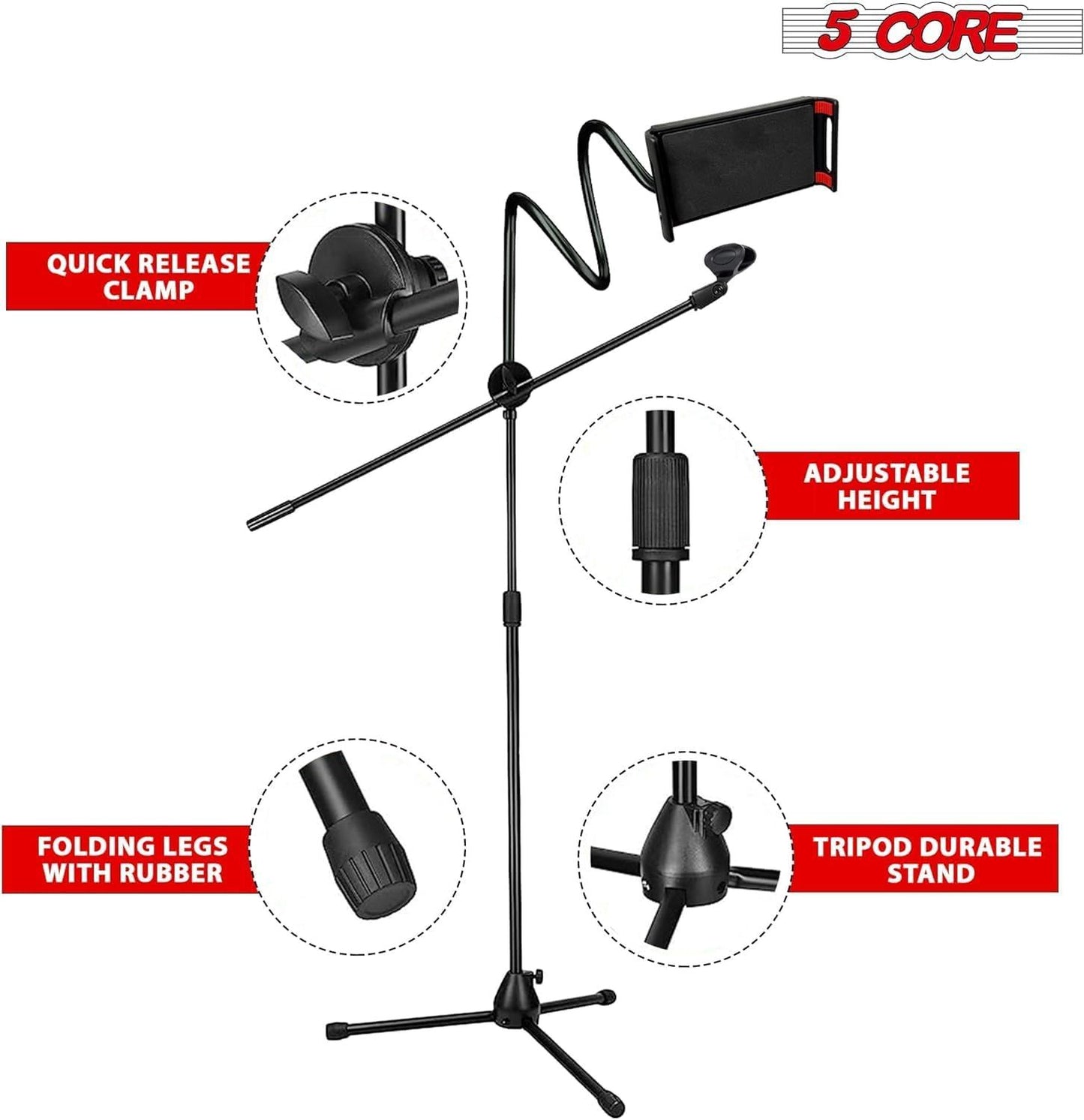 5 Core Microphone Stand + Phone Holder Floor Boom Mic Stand Gooseneck + Tablet Holder Collapsible Adjustable Tripod Mic Stand w Two Mic Clips + Carry Bag for Singing Karaoke Studio Parties MS MOB