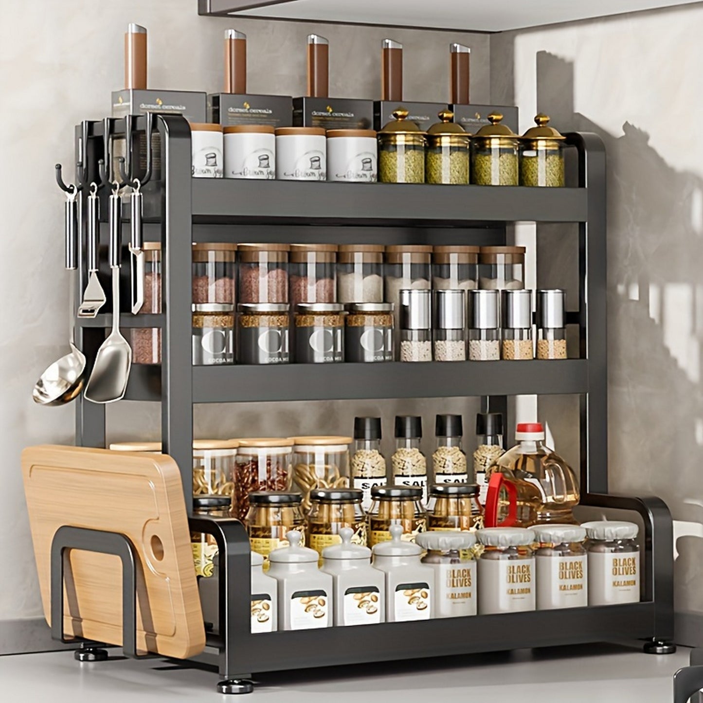 Elegant Multi-Layer Metal Kitchen Organizer - Countertop Spice Rack, Knife & Utensil Holder, Condiment Basket