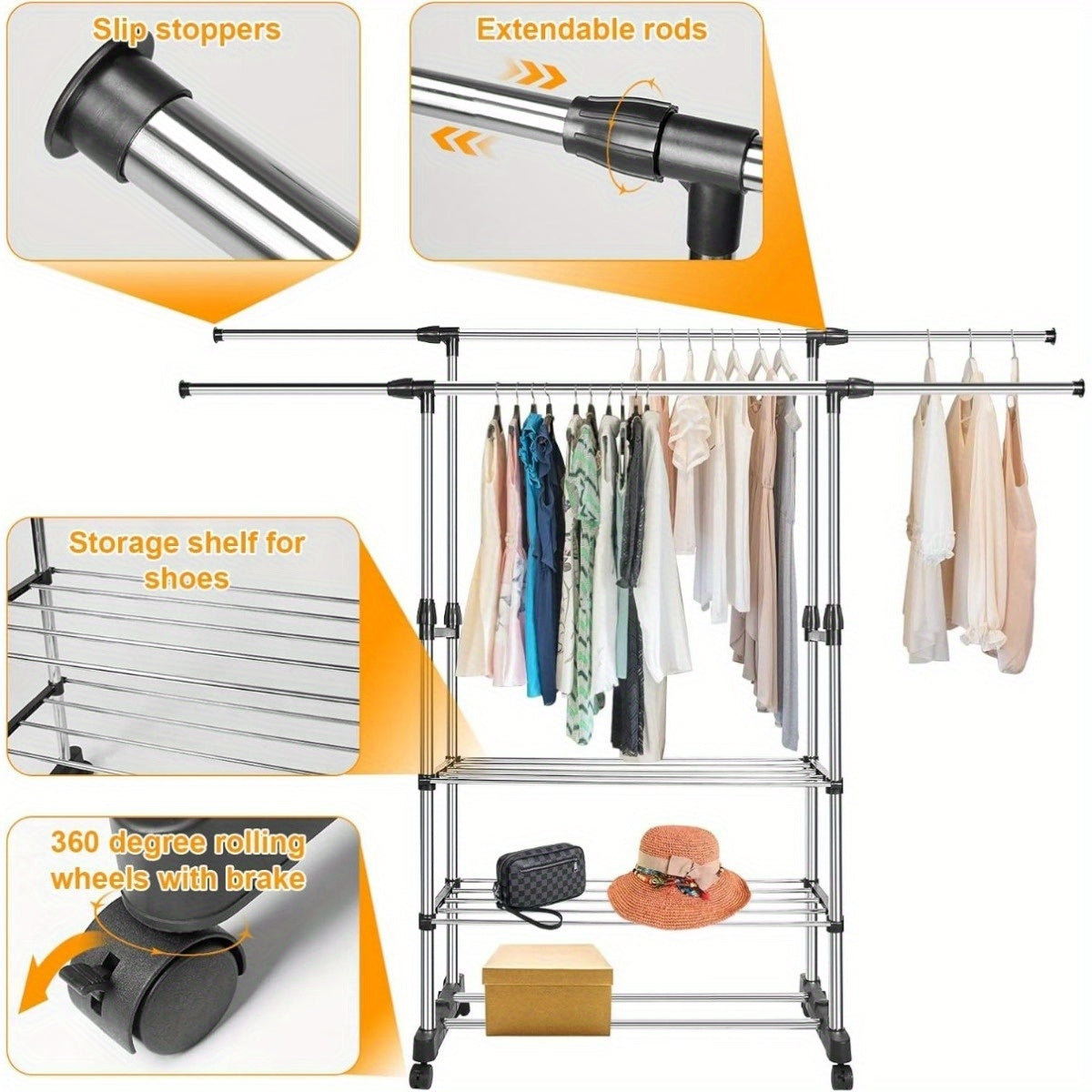 Extendable Double Rod Clothing Rack With Wheels For Hanging Clothes, Rolling Clothes Organizer On Lockable Wheels Mobile Hold