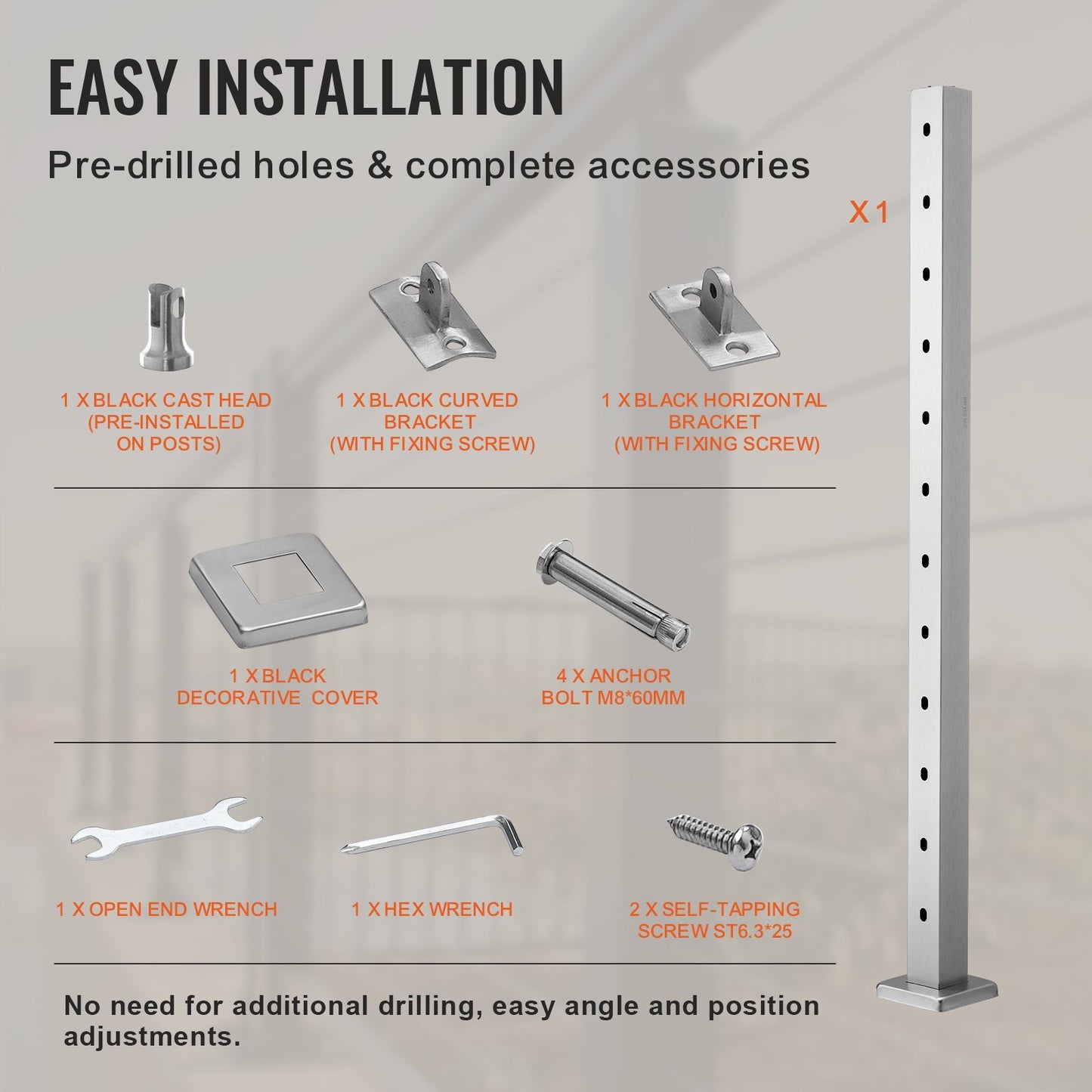 Cable Railing Post, 42" x 2" x 2" Steel 30° Angled Hole Stair Railing Post, 12 Pre-Drilled Holes, SUS304 Stainless Steel Cable Rail Post with Horizontal and Curved Bracket, 1-Pack, Silver