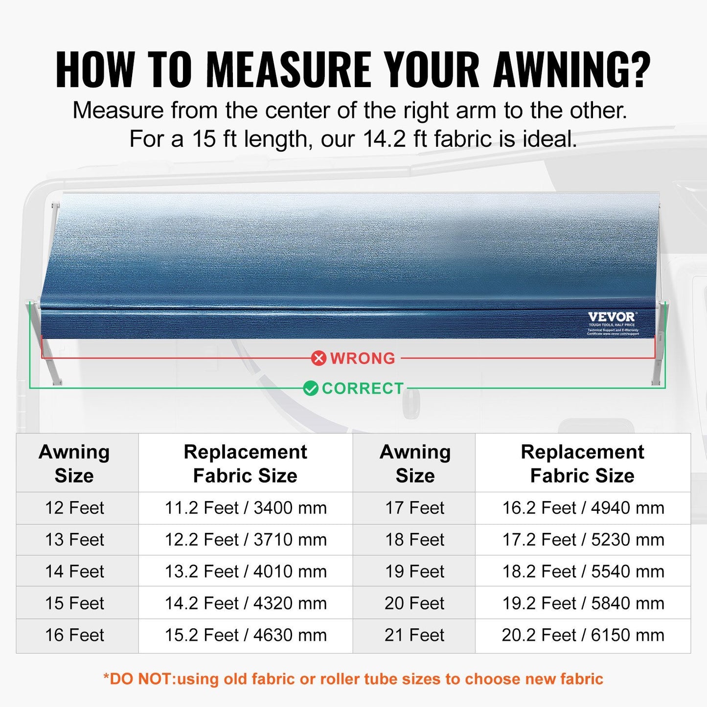 RV Awning Fabric Replacement, 14'2" Fabric Length for 15' Awning, Heavy Duty 3-Ply 16oz PVC Camper Awning Fabric, Waterproof & UV Protection Outdoor Canopy for RV, Trailer, Motorhome, Blue Fade