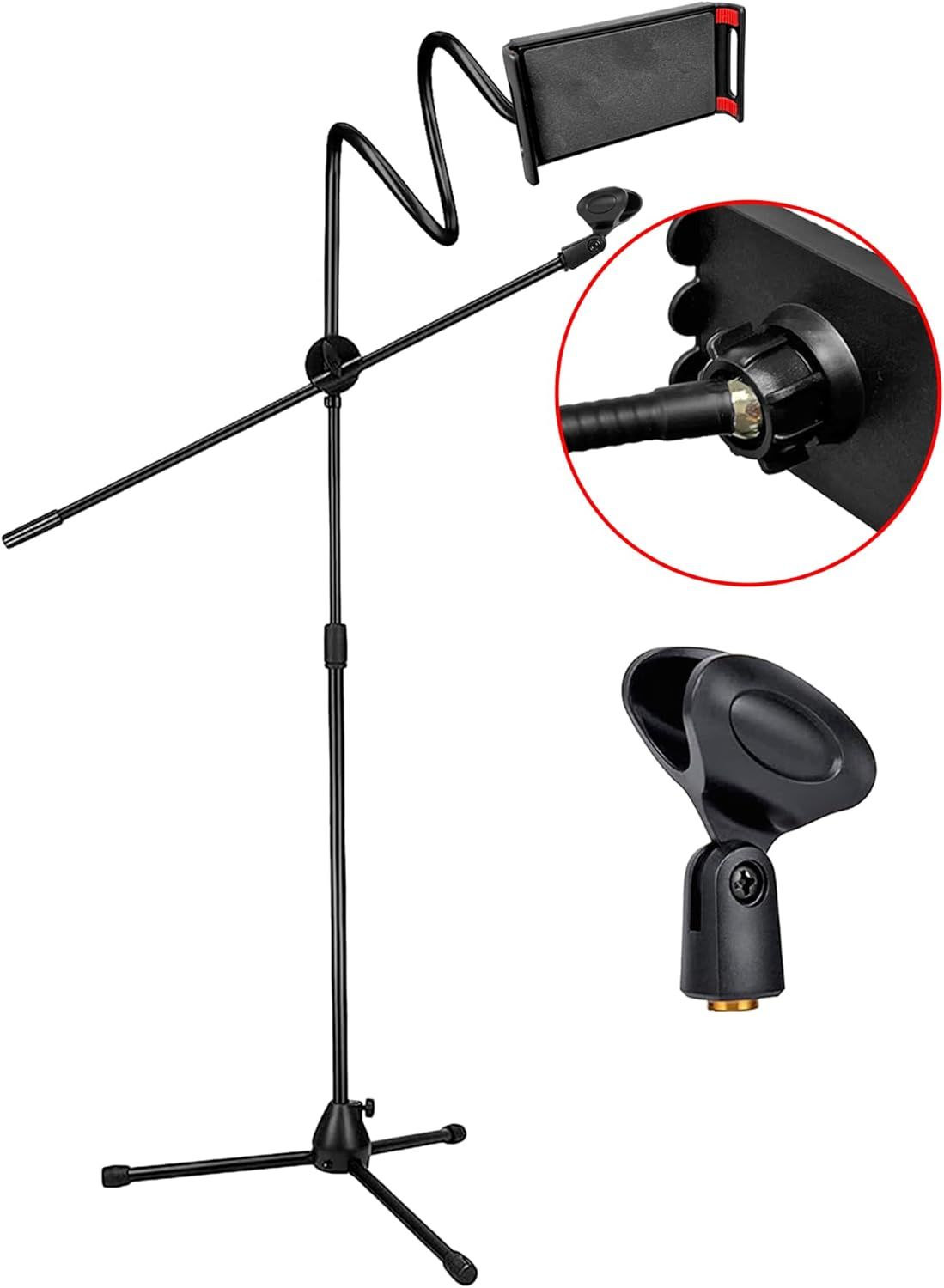 5 Core Microphone Stand + Phone Holder Floor Boom Mic Stand Gooseneck + Tablet Holder Collapsible Adjustable Tripod Mic Stand w Two Mic Clips + Carry Bag for Singing Karaoke Studio Parties MS MOB