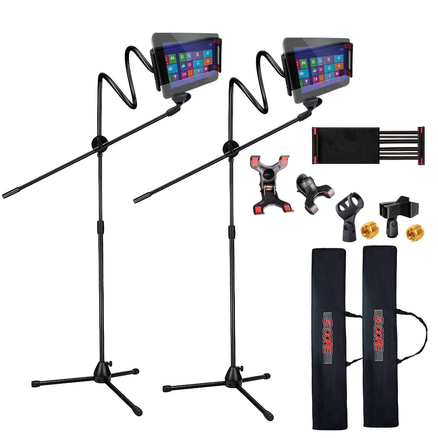 5 Core Microphone Stand + Phone Holder Floor Boom Mic Stand Gooseneck + Tablet Holder Collapsible Adjustable Tripod Mic Stand w Two Mic Clips + Carry Bag for Singing Karaoke Studio Parties MS MOB