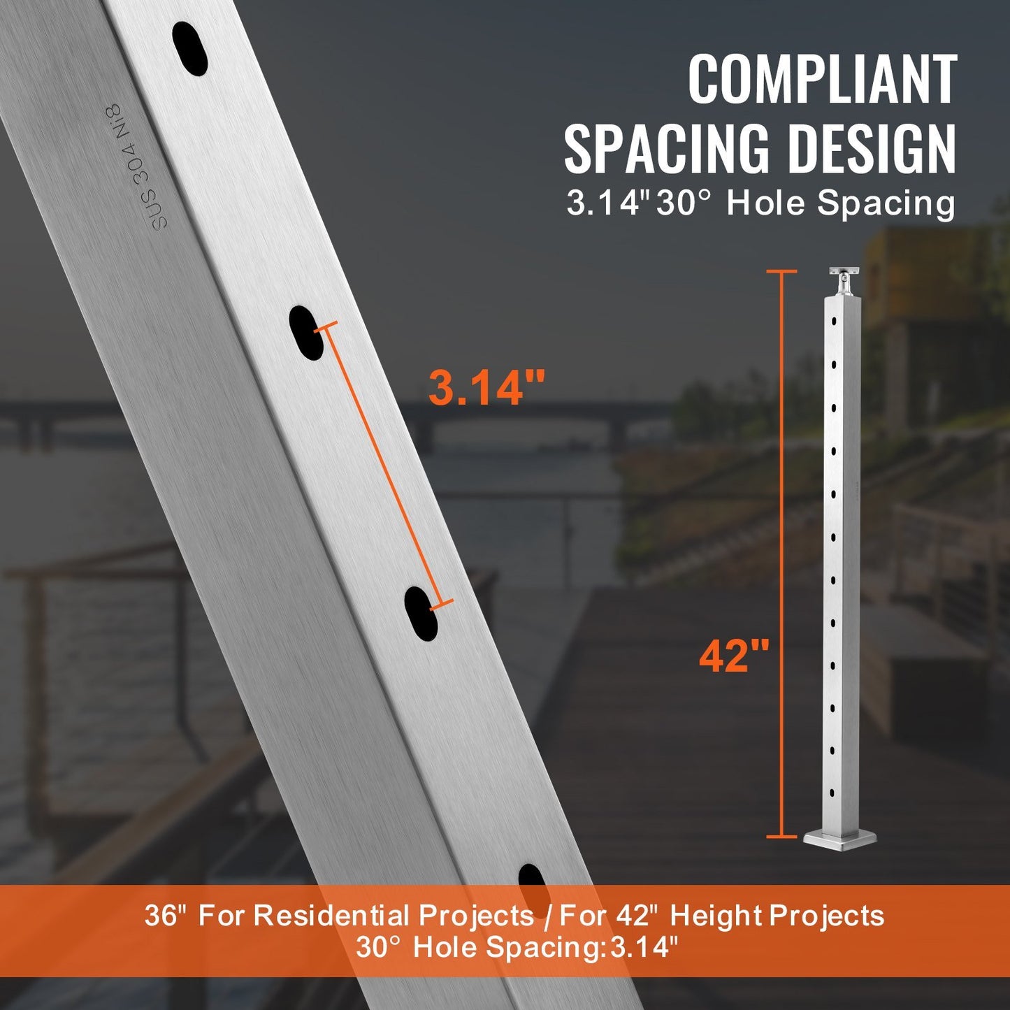 Cable Railing Post, 42" x 2" x 2" Steel 30° Angled Hole Stair Railing Post, 12 Pre-Drilled Holes, SUS304 Stainless Steel Cable Rail Post with Horizontal and Curved Bracket, 1-Pack, Silver