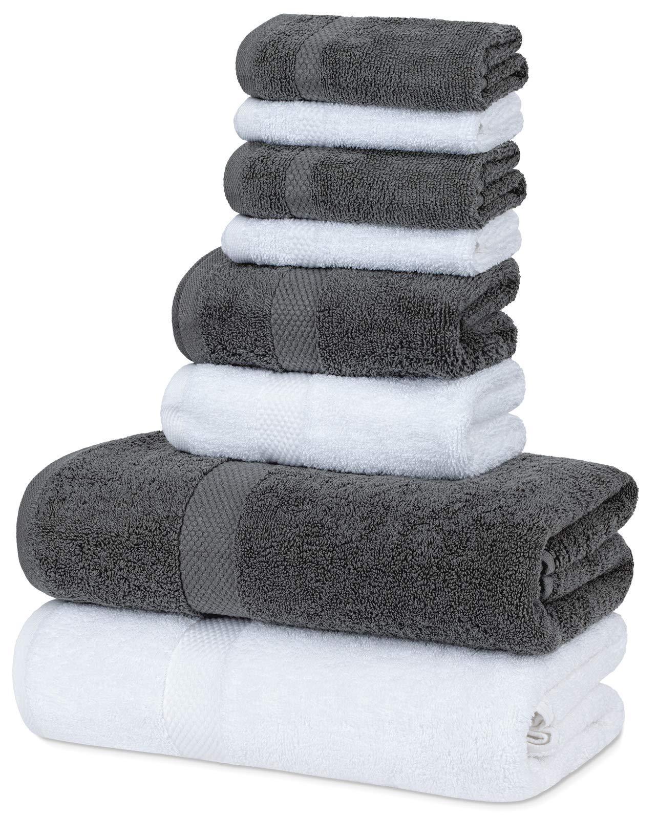 Luxury Grey White Bath Towel Set of 8 Pcs Combed Cotton Hotel Quality Absorbent | 2 Bath Towels | 2 Hand Towels | 4 Washcloths Grey White