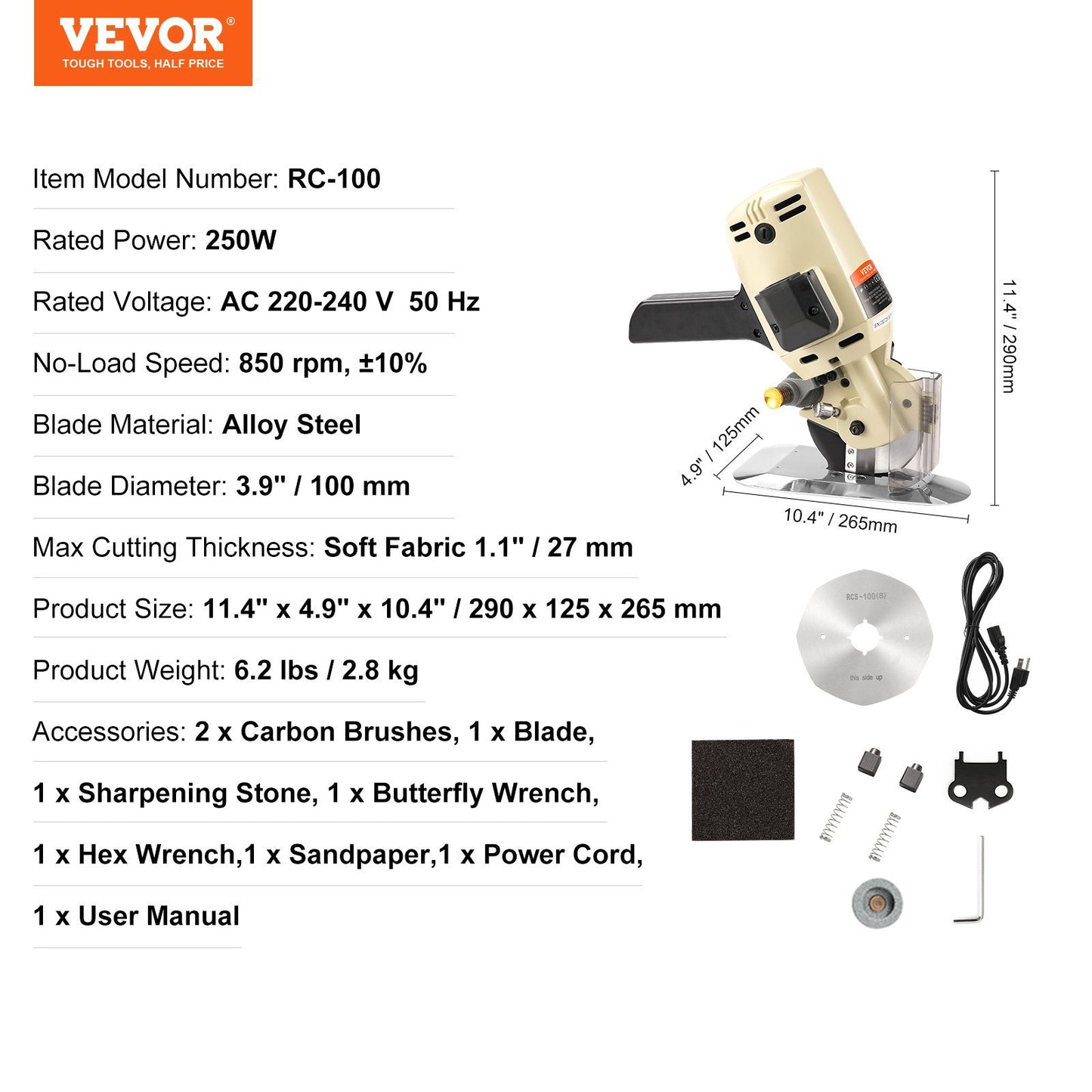 VEVOR Fabric Cutter, 250W Electric Rotary Fabric Cutting Machine, 1.1" Cutting Thickness, Octagonal Knife, with Replacement Blade and Sharpening Stones, for Multi-Layer Cloth Fabric Leather