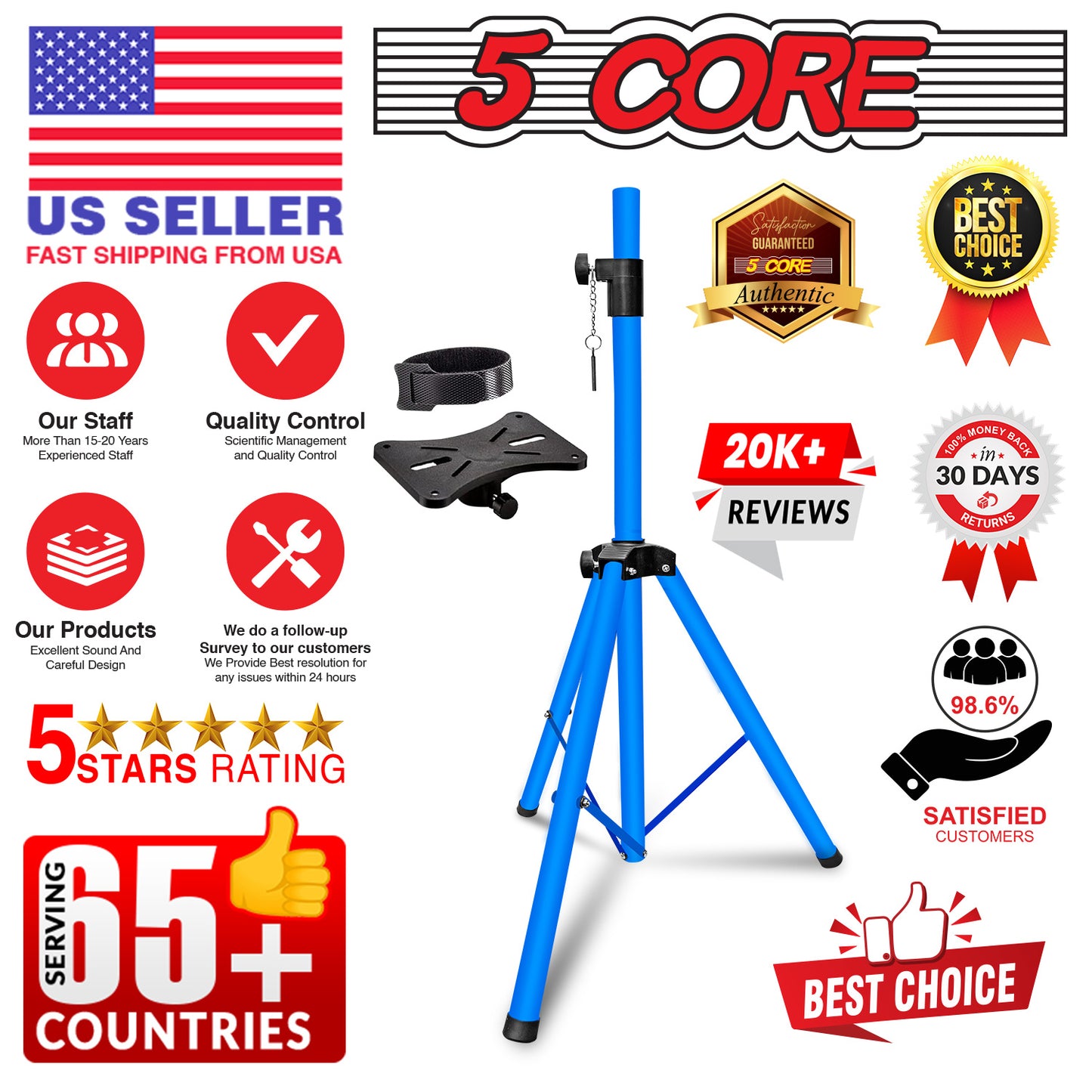 5 Core Speaker Stand Tripod Floor Tall Pair Adjustable Up to 72 Inch DJ Studio Monitor Stands Pole Mount  - SS ECO 2PK WoB