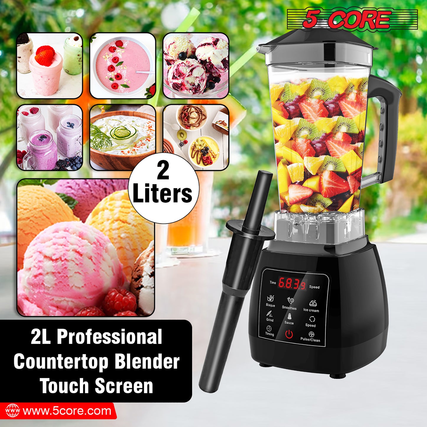 5 Core 2L Professional Countertop Blender Touch Screen For Kitchen 68 Oz 2000W High Speed BPA Free 6 Titanium Blade Smoothie Blender Electric For Soup Shake Juice Multi-Speed Digital JB 2000 D