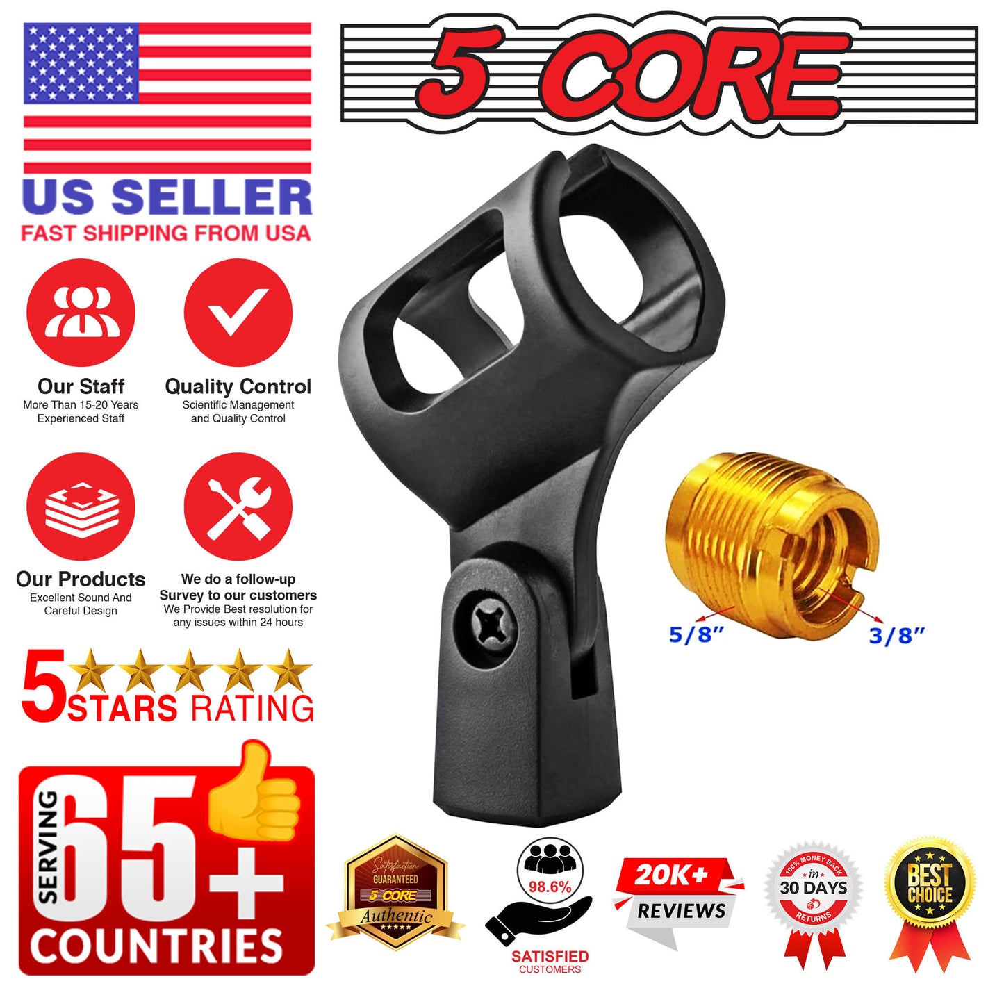 5 Core Microphone Clip Holder 6 Pieces Barrel Style with Screw Adapters 5/8 to 3/8 Inch - MC-01 6 PCS