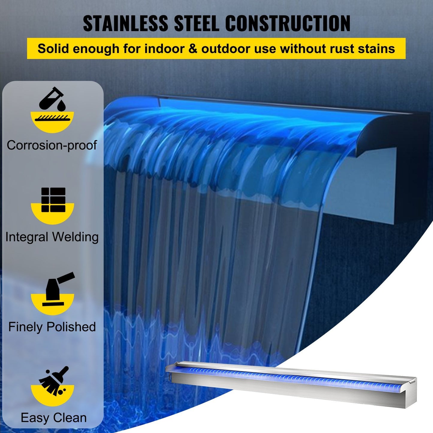 Pool Fountain 47.2" x 4.5" x 3.1" Stainless Steel Pool Waterfall with LED Strip Light Waterfall Spillway with Pipe Connector Rectangular Garden Outdoor