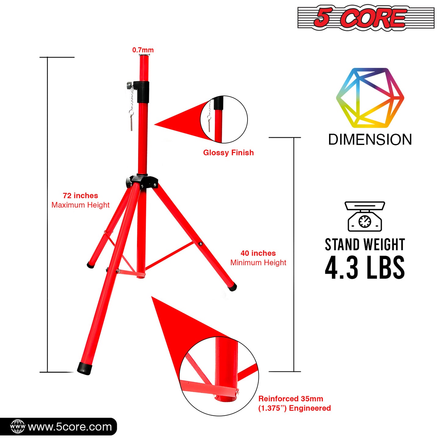 5 Core Speaker Stand Tripod Floor Tall Pair Adjustable Up to 72 Inch DJ Studio Monitor Stands Pole Mount  - SS ECO 2PK WoB