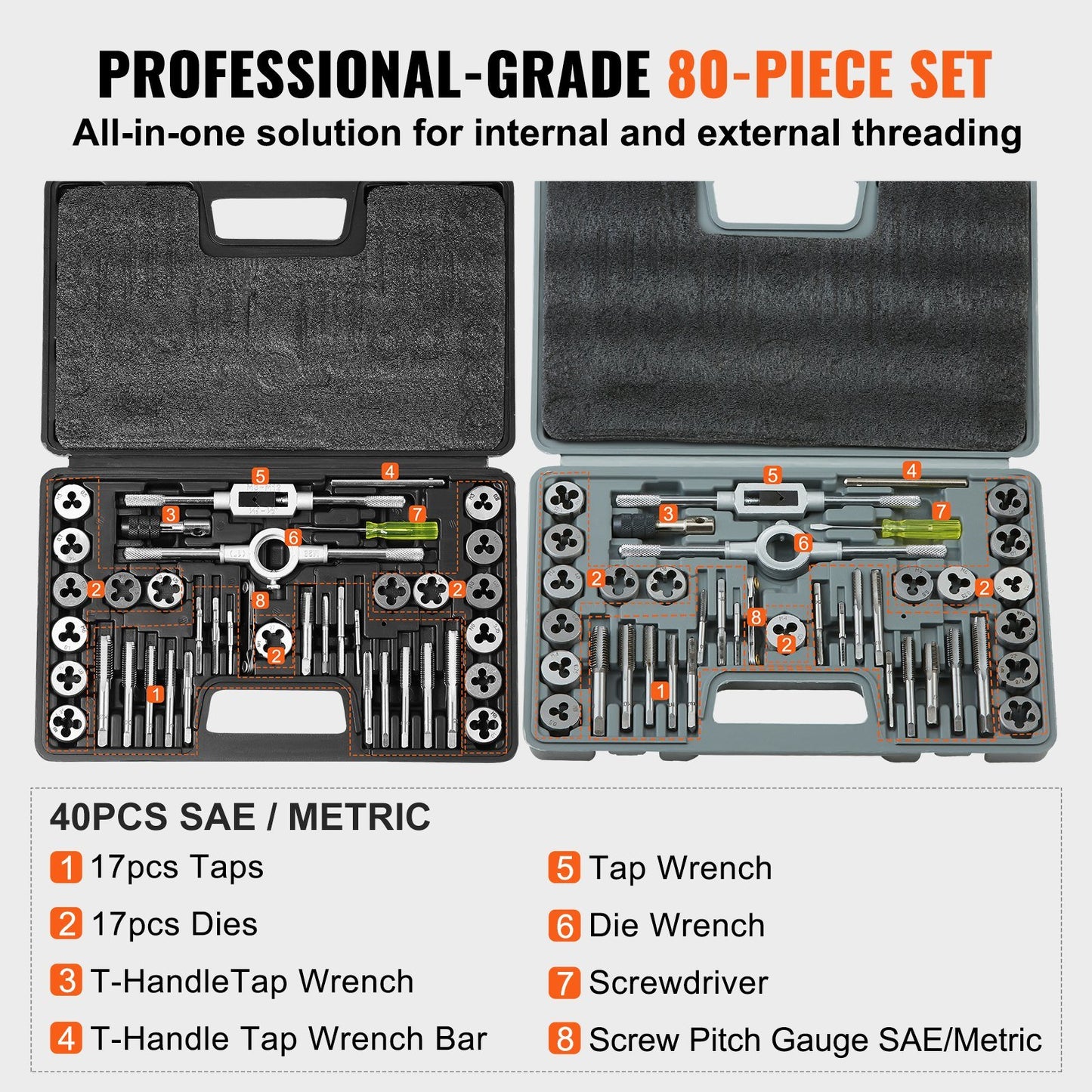 Tap and Die Set, 80-Piece Metric and SAE Standard, Bearing Steel Taps and Dies, Essential Threading Tool for Cutting External Internal Threads, with Complete Accessories and Storage Case