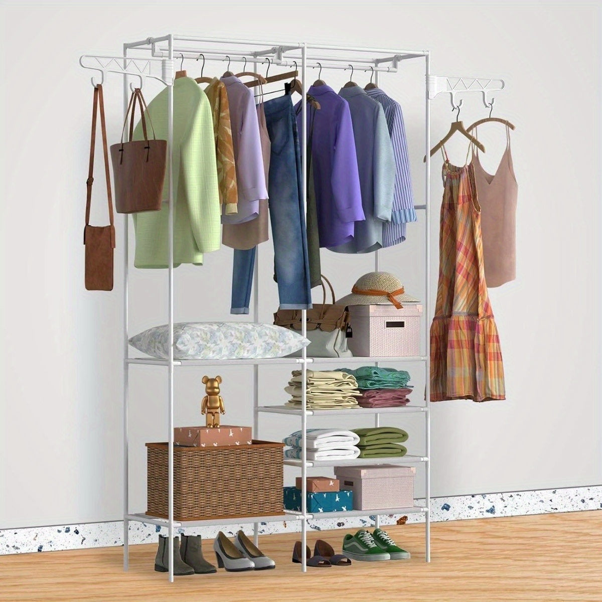 Clothing Racks for Hanging Clothes with Shelves, Portable Closet System Organizer Garment Rack for Clothes Storage, Meta