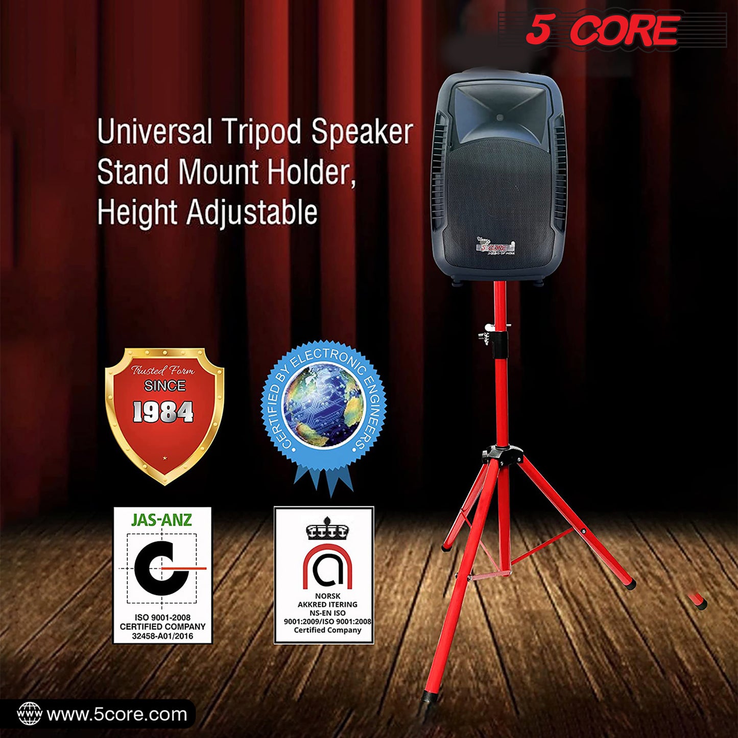 5 Core Speaker Stand Tripod Floor Tall Pair Adjustable Up to 72 Inch DJ Studio Monitor Stands Pole Mount  - SS ECO 2PK WoB