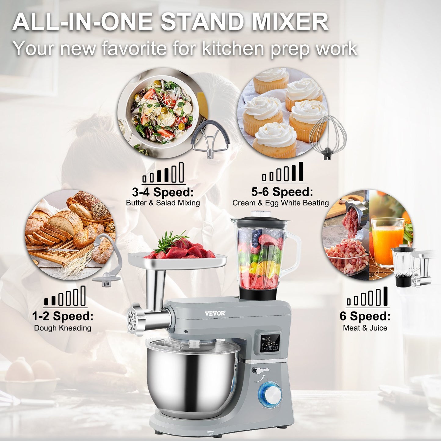 5 IN 1 Stand Mixer; 660W Tilt-Head Multifunctional Electric Mixer with 6 Speeds LCD Screen Timing; 7.4 Qt Stainless Bowl; Dough Hook