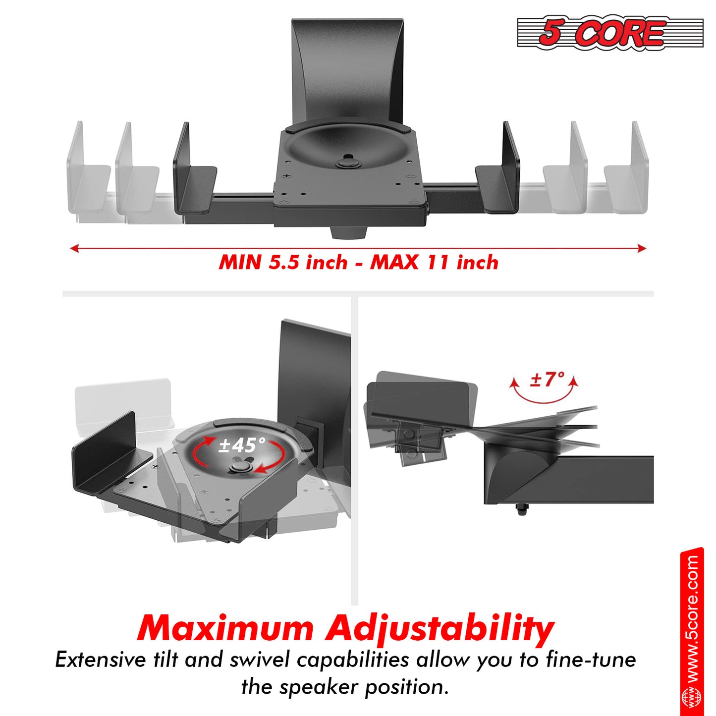 5 Core Speaker Wall Mount Adjustable Shelf Holder Swivel 180 Degree Bookshelf Brackets - 11 Inch Space for Speakers Pair Holds Upto - 55lbs WST 04-11 PAIR