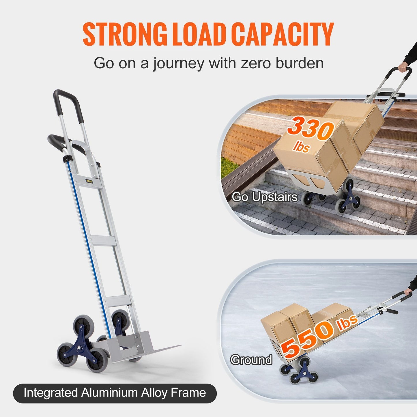 Stair Climbing Cart, 550 lbs Load Capacity, Aluminum Hand Truck Dolly with Dual Handles, Integrated Frame & Nonslip Rubber Wheels, Multipurpose Stair Climber for Warehouse Shopping Airport