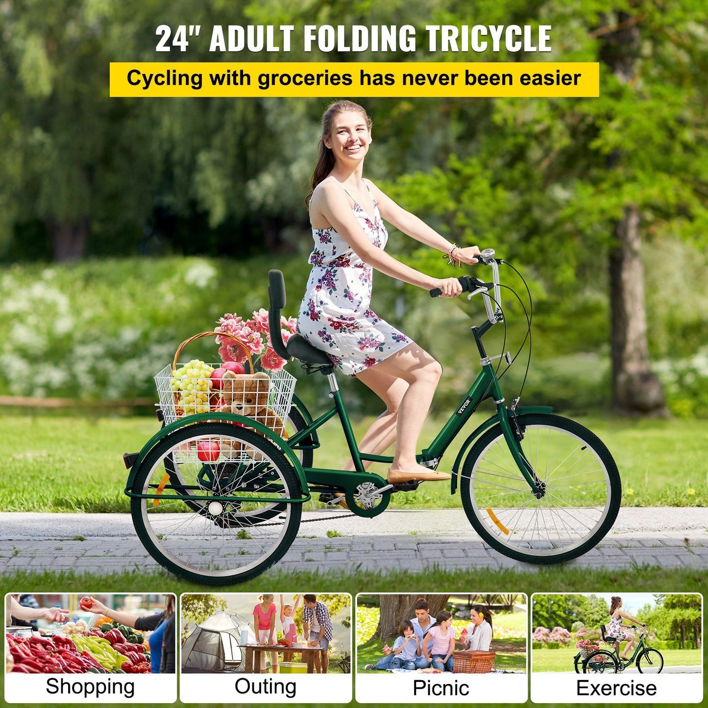 Tricycle Adult 24'' Wheels Adult Tricycle 7-Speed 3 Wheel Bikes For Adults Three Wheel Bike For Adults Adult Trike Adult Folding Tricycle Foldable Adult Tricycle 3 Wheel Bike Trike For Adults