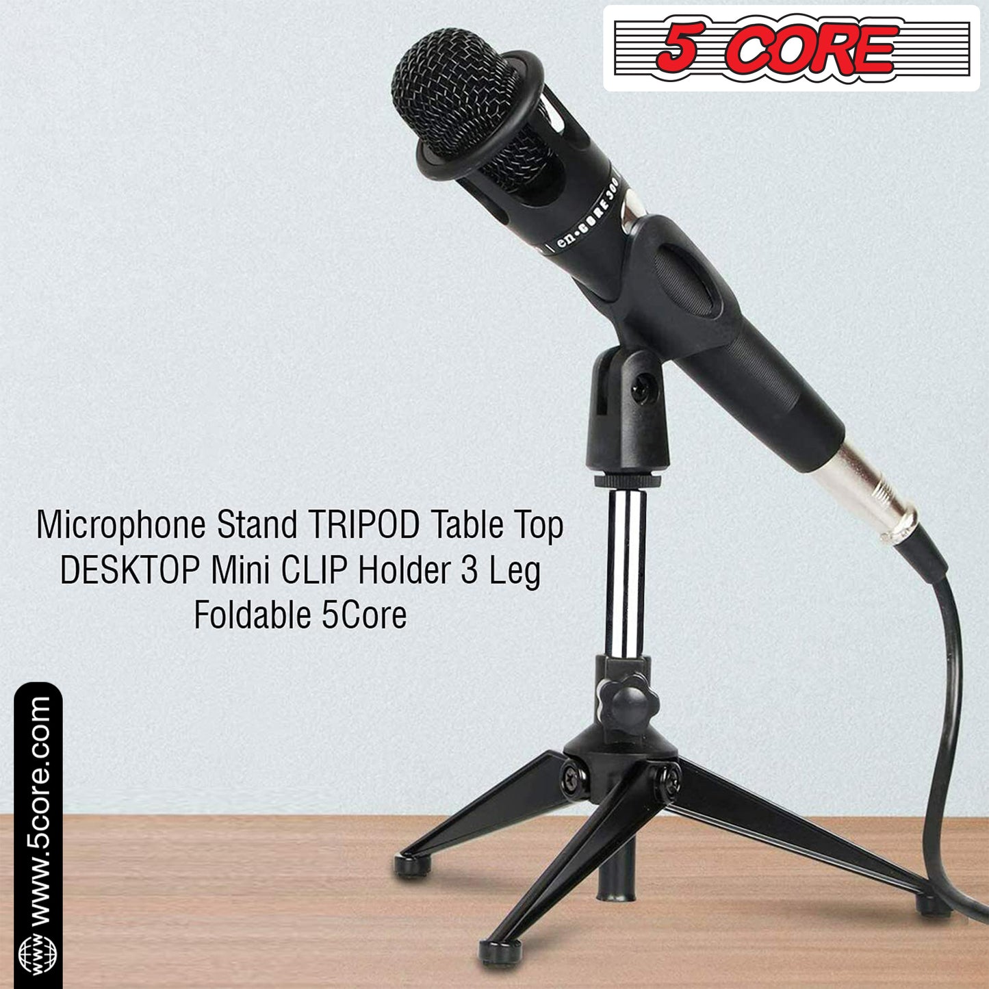 5 Core Desk Mic Stand • Height Adjustable Table Tripod • Portable Desktop Microphone Stand • Includes Universal Mic Holder • Compatible w Dynamic Handheld Microphones- MS MINI TRI CH