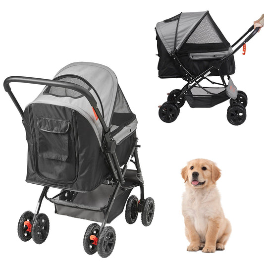 Pet Stroller, 4 Wheels Dog Stroller Rotate with Brakes, 44lbs Weight Capacity, Puppy Stroller with Reversible Handlebar, Storage Basket and Zipper, for Dogs and Cats Travel, Black+Grey