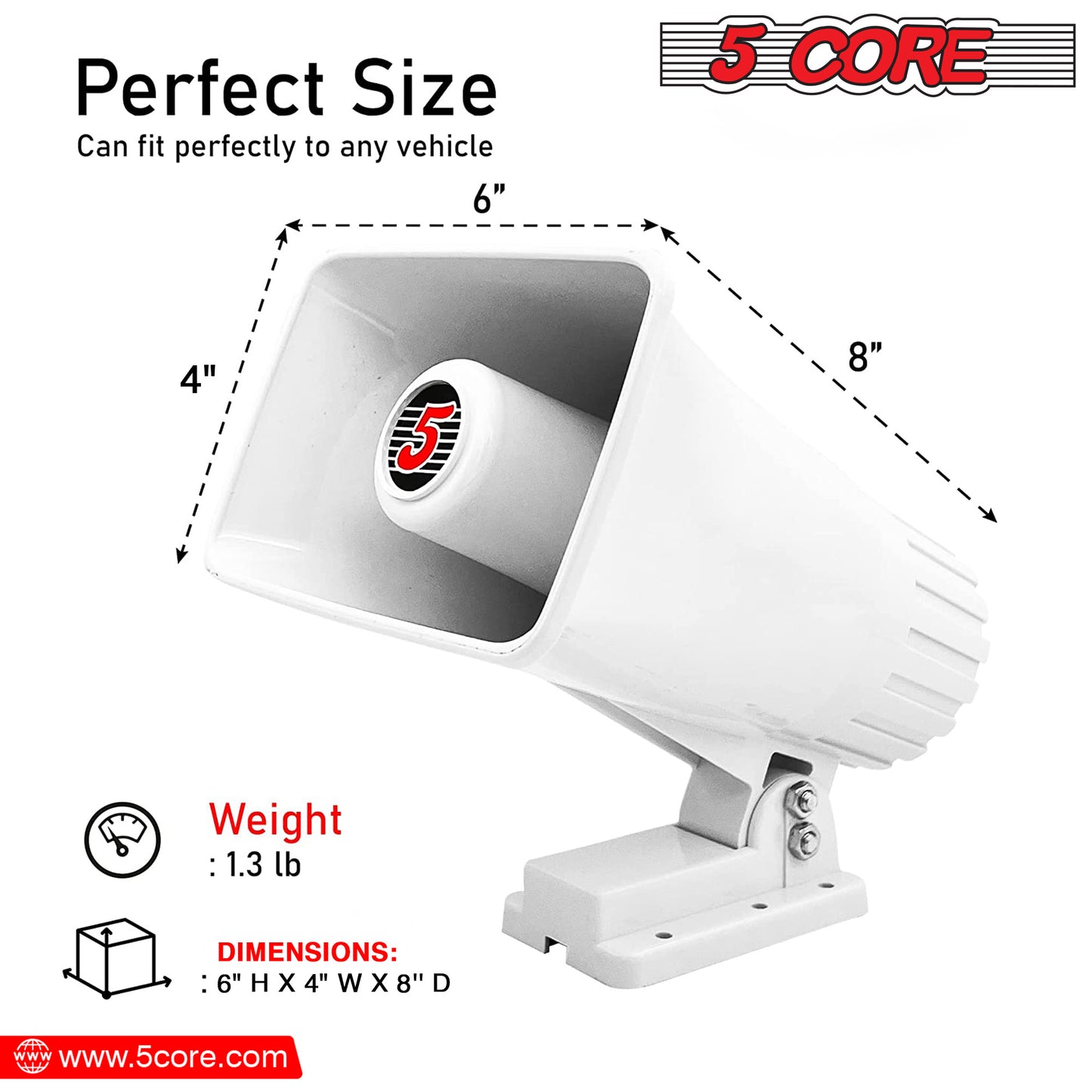 5 CORE Indoor Outdoor PA Horn Speaker – 6 x 4 Inch Loud Portable PA Speaker 8 Ohms 50 Watts Max Horn Siren - Adjustable Mounting Bracket and Hardware Included White- HW 405 WH