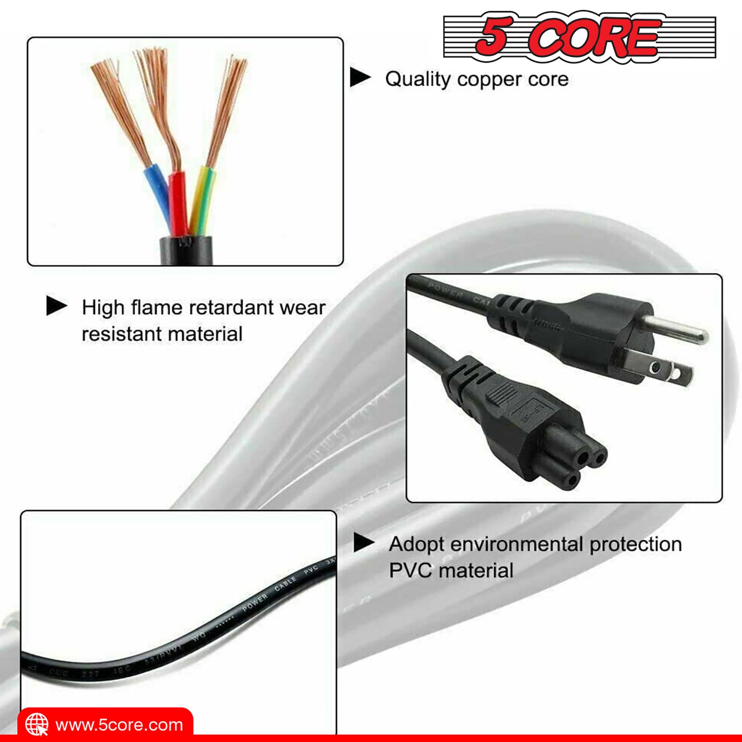 5 Core 12ft 3 Prong Non-Polarized AC Wall Power Cable Cord for HP Dell Samsung Sony Asus Acer Toshiba Laptop Charger LED LCD Monitor Replacement Power Cord PL 1002