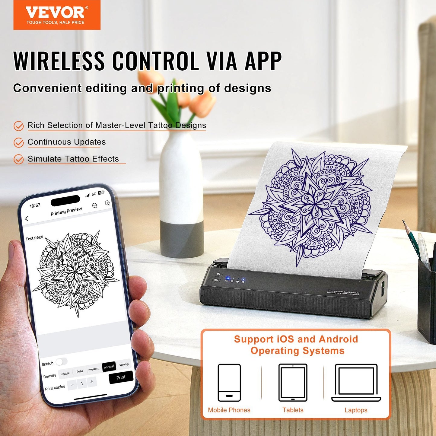 Tattoo Stencil Printer, Wireless Bluetooth Tattoo Printer Transfer Stencil Machine with 10Pcs Transfer Paper, Compatible for iOS&Android Phone, iPad&PC (with Storage Bag)