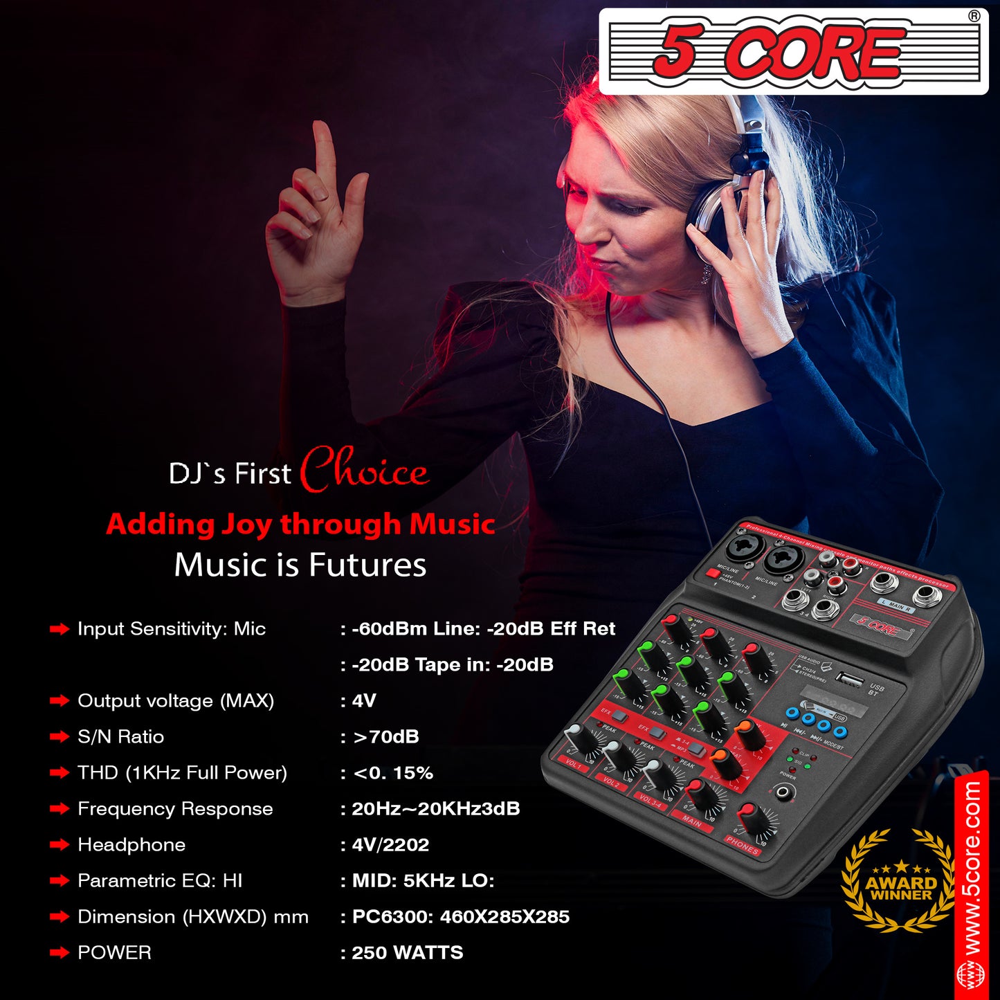 5 Core Audio Interface Mixer 4 Channel PC XLR Bluetooth USB DJ Music Podcast Karaoke Sound Board - MX 4CH